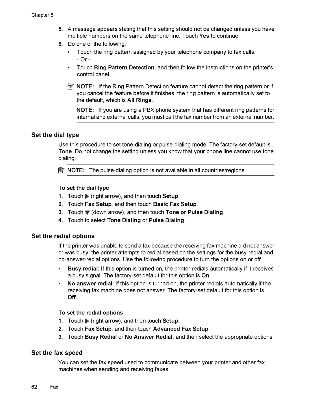 HP 6700 manual Set the dial type, Set the redial options, Set the fax speed 