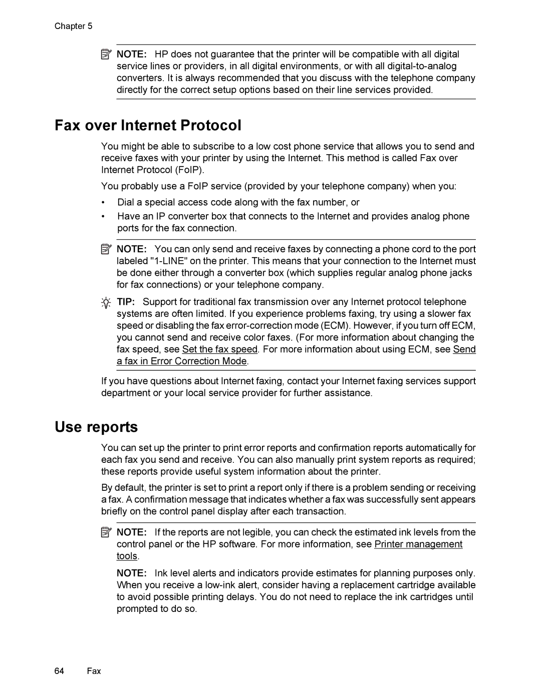 HP 6700 manual Fax over Internet Protocol, Use reports 