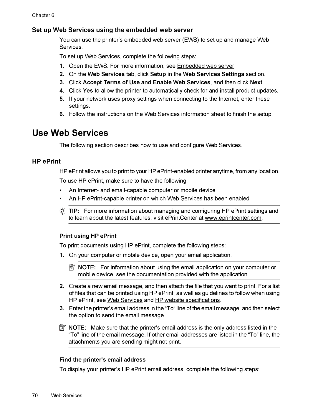 HP 6700 manual Use Web Services, Set up Web Services using the embedded web server, Print using HP ePrint 