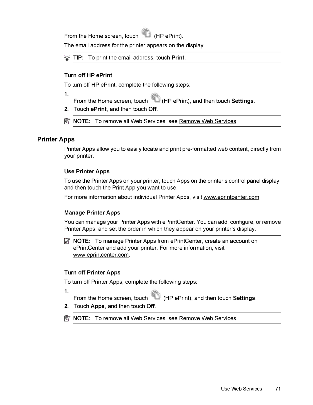 HP 6700 manual Turn off HP ePrint, Use Printer Apps, Manage Printer Apps, Turn off Printer Apps 