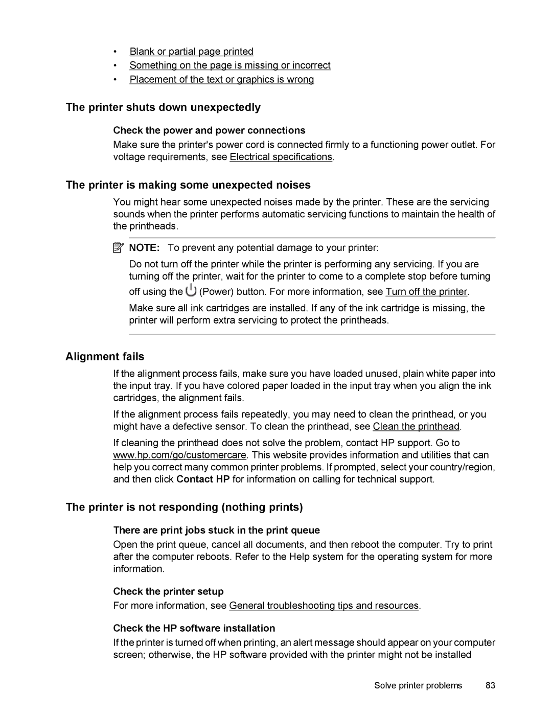 HP 6700 manual Printer shuts down unexpectedly, Printer is making some unexpected noises, Alignment fails 