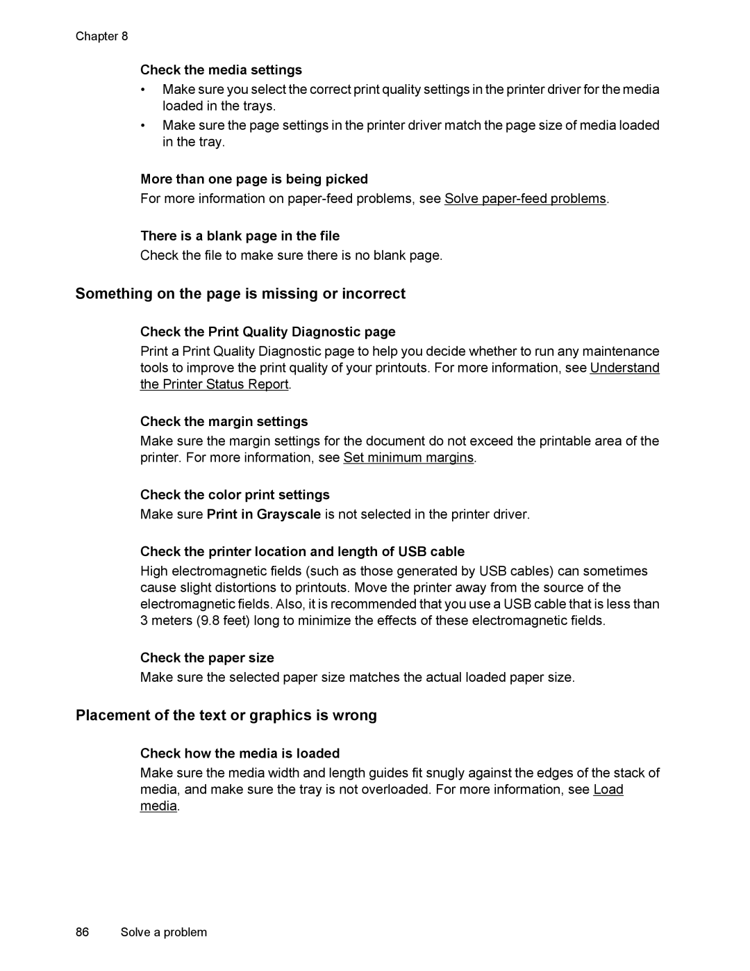 HP 6700 manual Something on the page is missing or incorrect, Placement of the text or graphics is wrong 