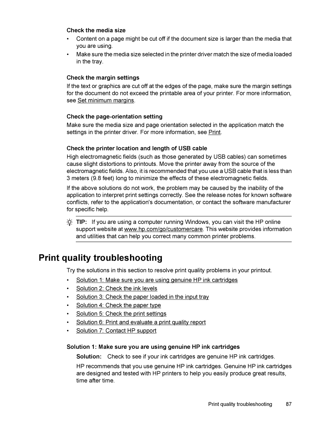 HP 6700 manual Print quality troubleshooting, Check the media size, Check the page-orientation setting 