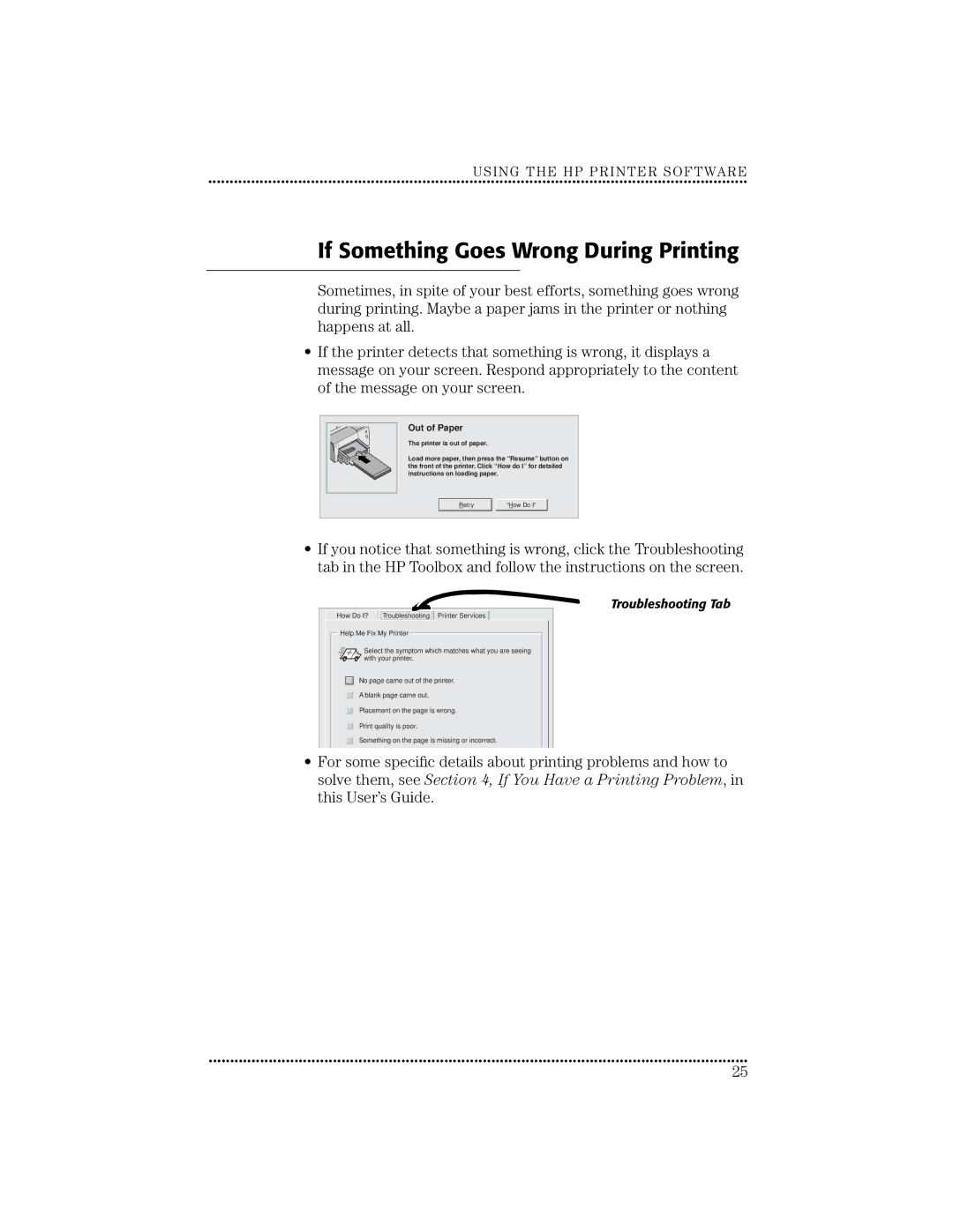 HP 670C manual If Something Goes Wrong During Printing, Out of Paper 