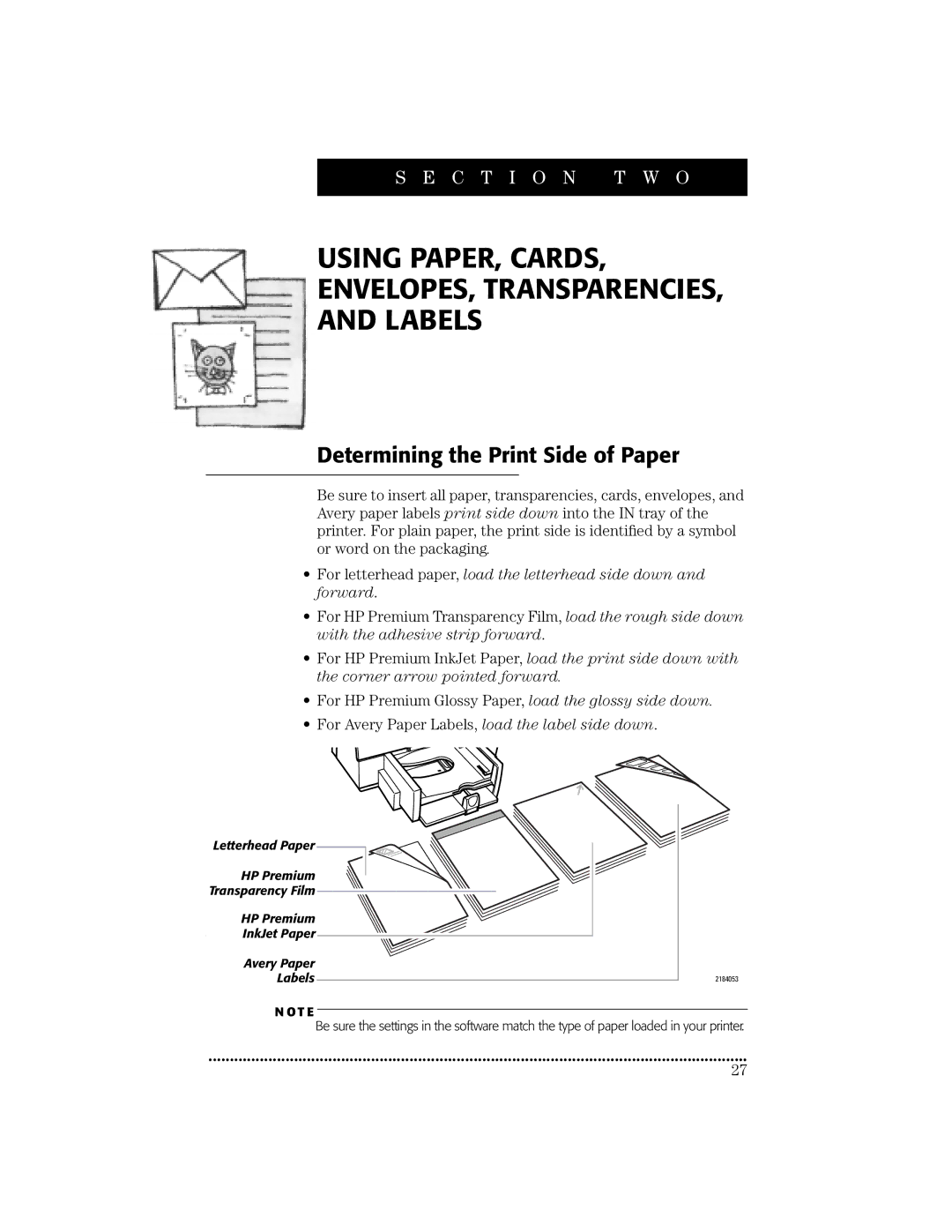 HP 670C manual Using PAPER, Cards ENVELOPES, Transparencies Labels, Determining the Print Side of Paper 