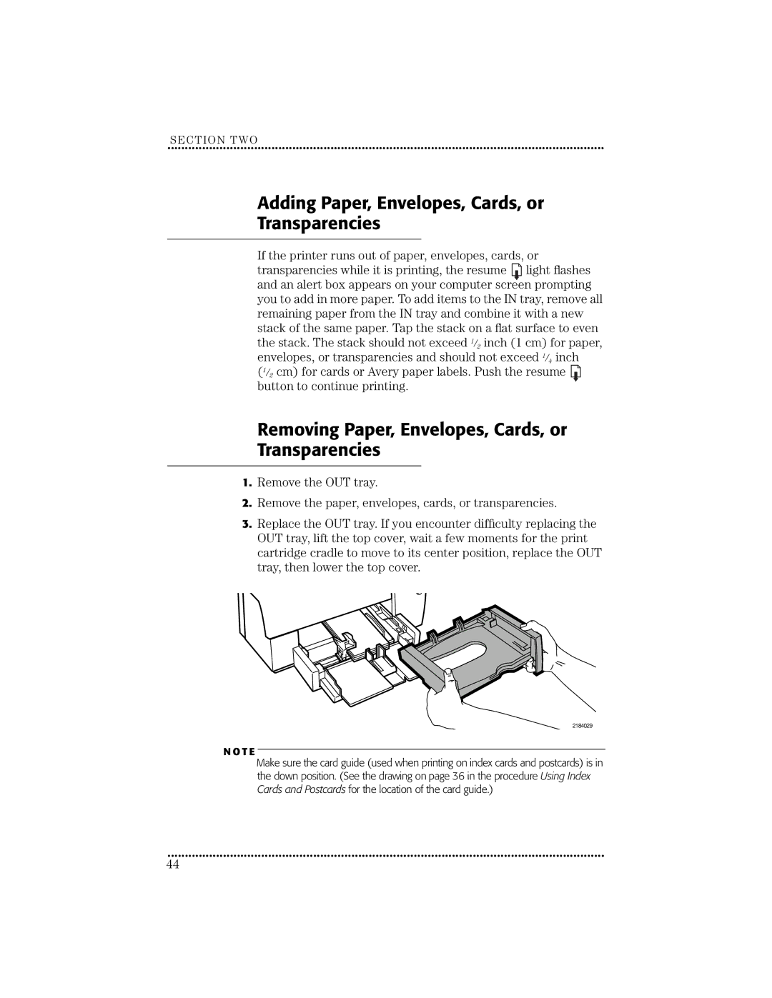 HP 670C manual Adding Paper, Envelopes, Cards, or Transparencies, Removing Paper, Envelopes, Cards, or Transparencies 