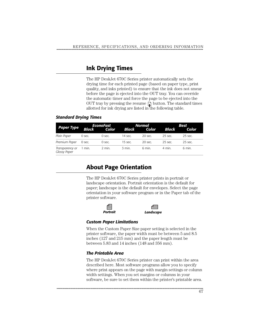 HP 670C manual Ink Drying Times, About Page Orientation, Standard Drying Times, Custom Paper Limitations, Printable Area 