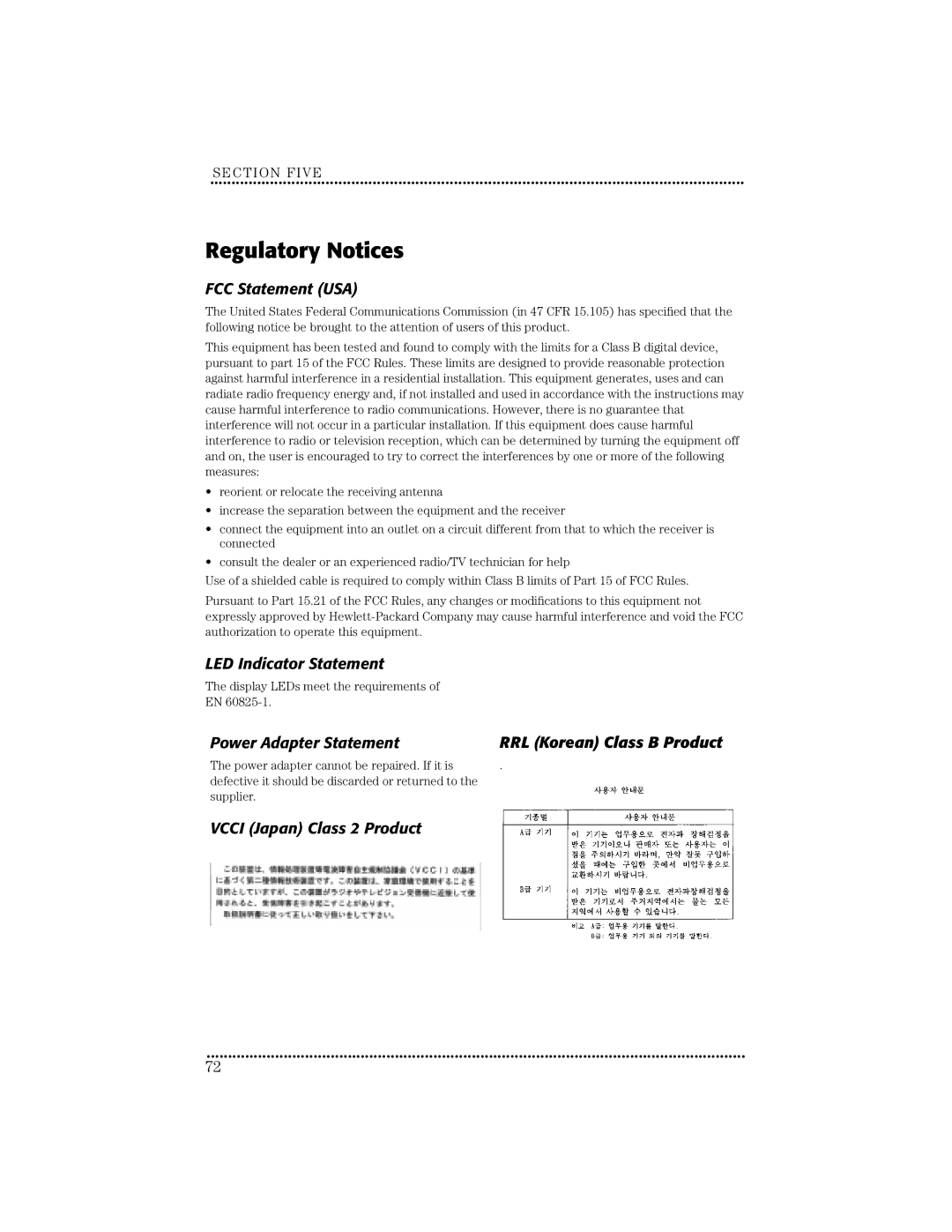 HP 670C manual FCC Statement USA, LED Indicator Statement, Power Adapter Statement RRL Korean Class B Product 