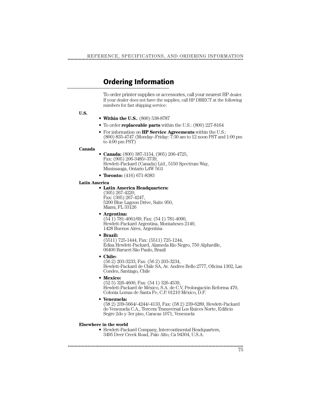 HP 670C manual Ordering Information, Canada 800 387-3154, 905 Fax 905 206-3485/-3739 Toronto 416, 52 5 326-4600, Fax 54 1 