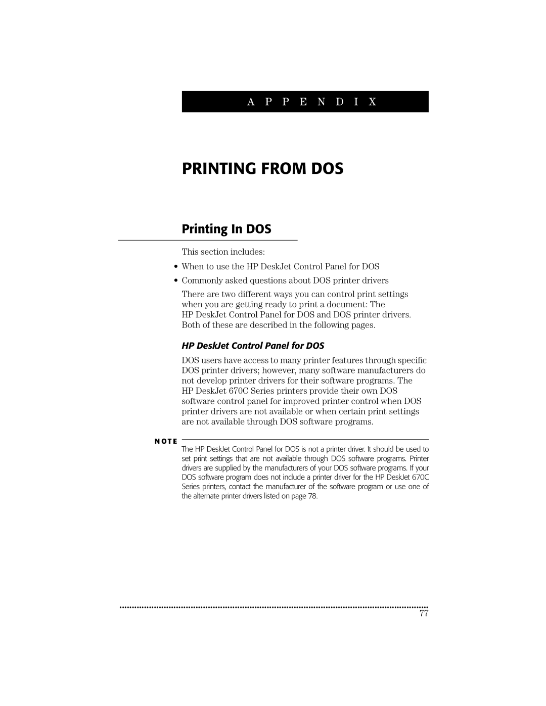 HP 670C manual Printing In DOS, HP DeskJet Control Panel for DOS 