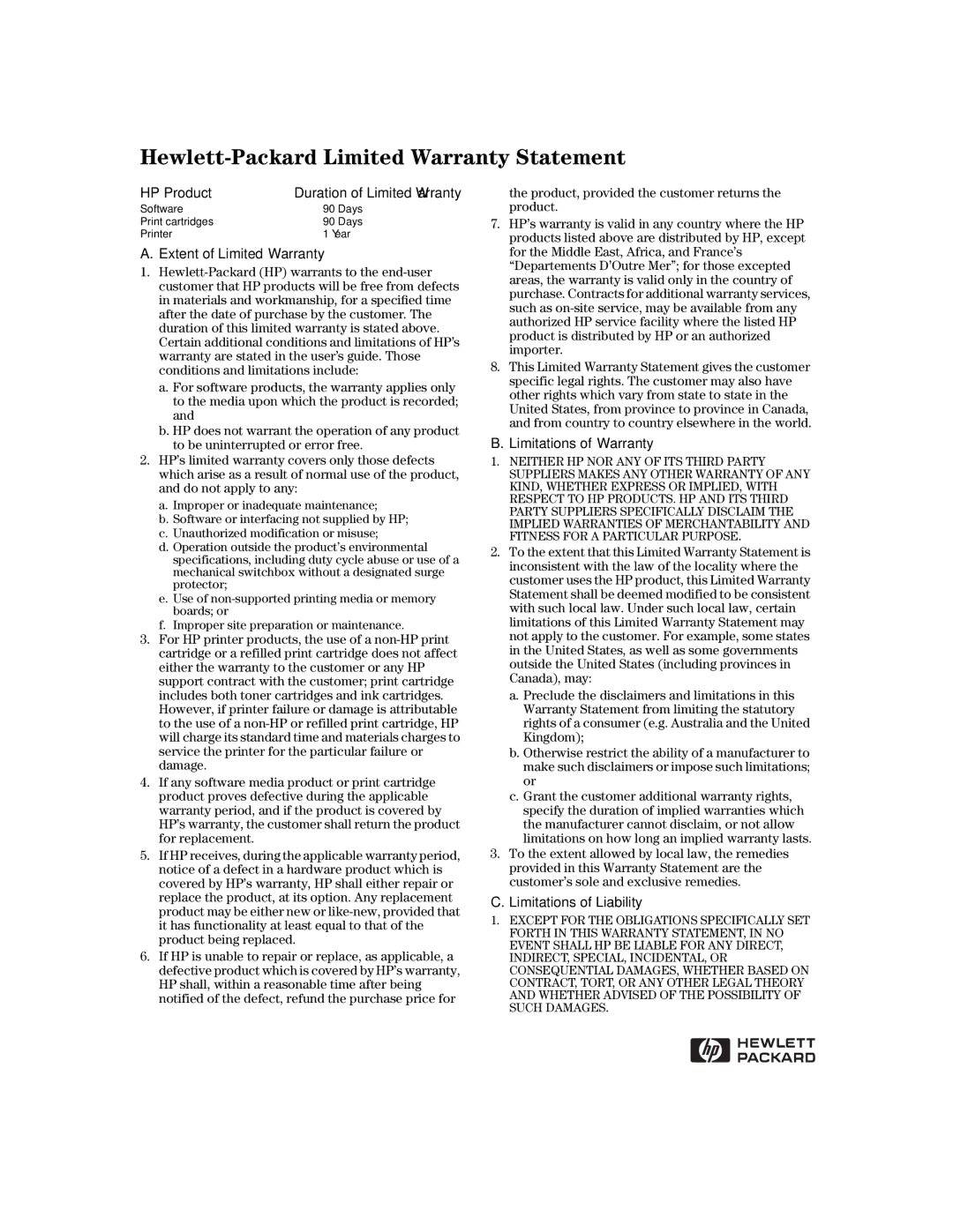 HP 670C manual Hewlett-Packard Limited Warranty Statement 