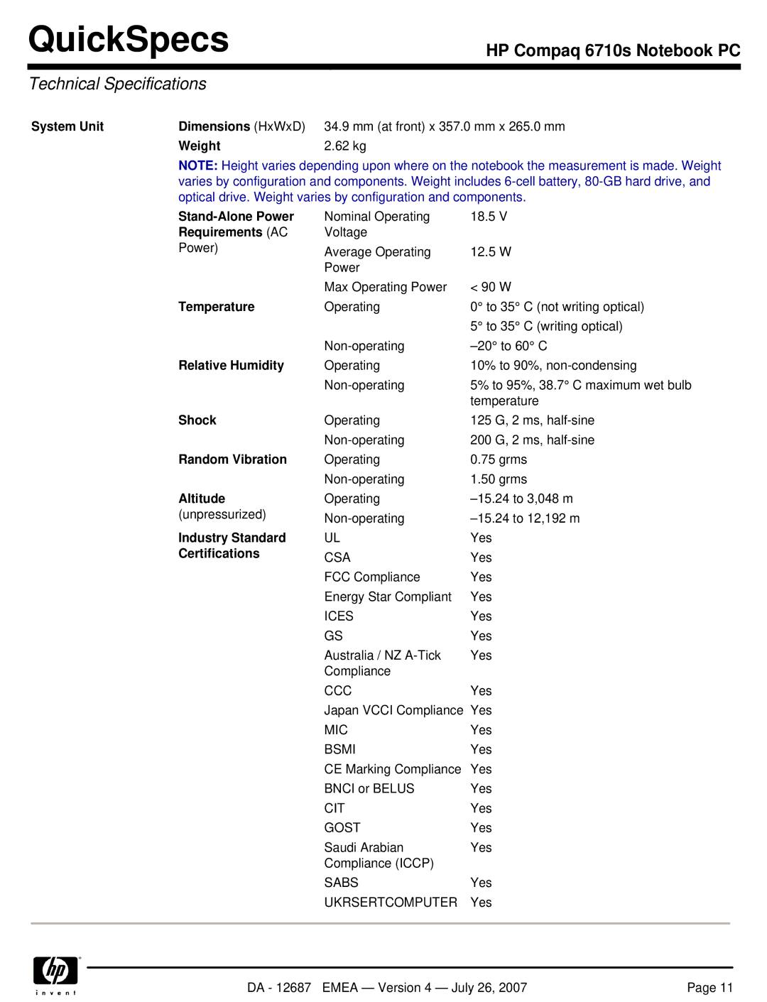 HP 6710s manual Technical Specifications 