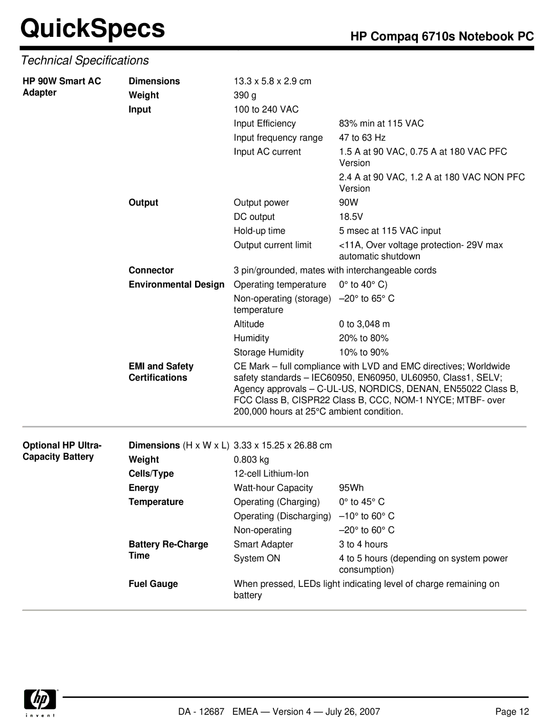 HP 6710s HP 90W Smart AC Dimensions, Adapter Weight, Input, Output, Connector, Environmental Design, EMI and Safety, Time 