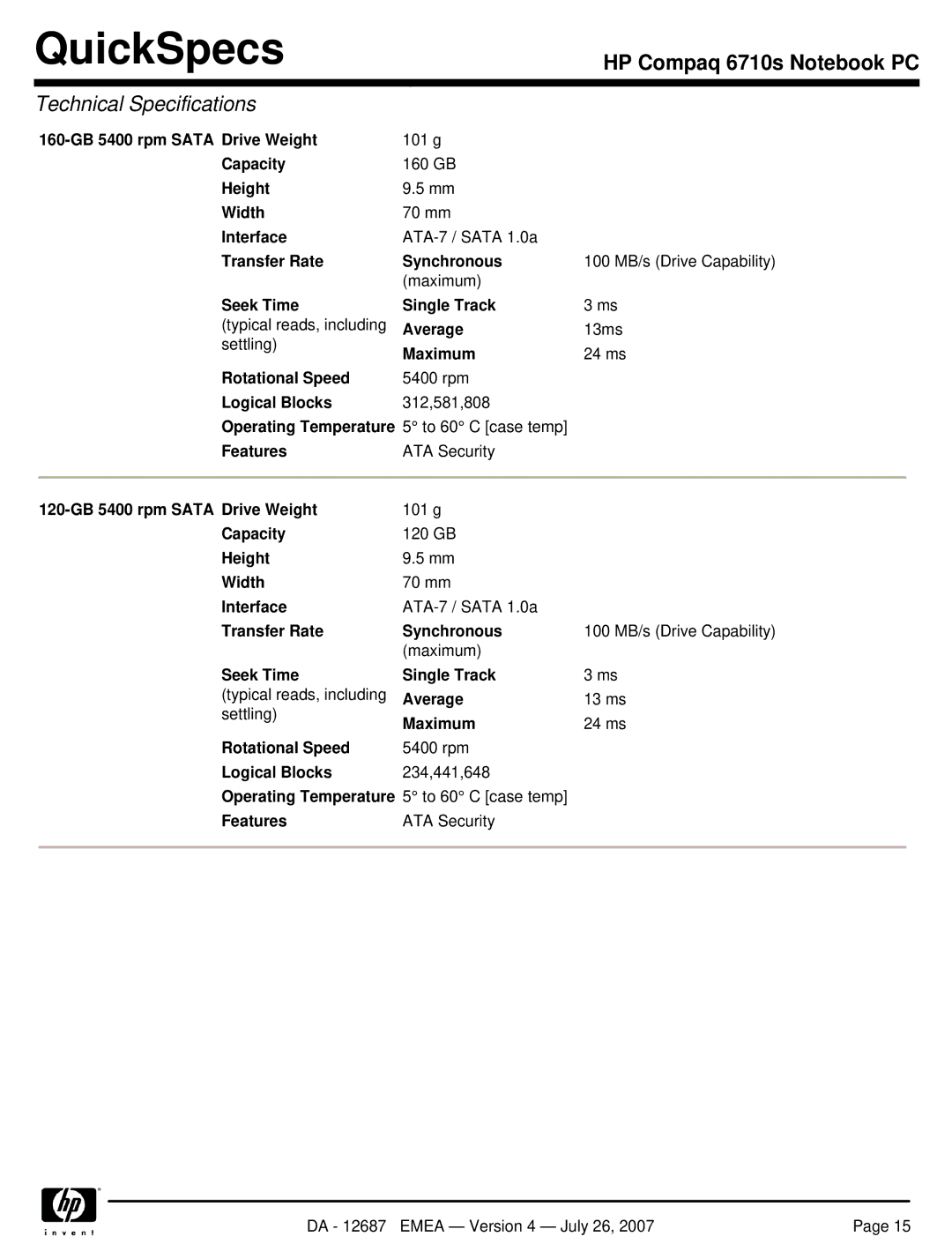 HP 6710s manual 160-GB 5400 rpm Sata Drive Weight, Capacity, Height Width, Interface, Transfer Rate Synchronous, Average 