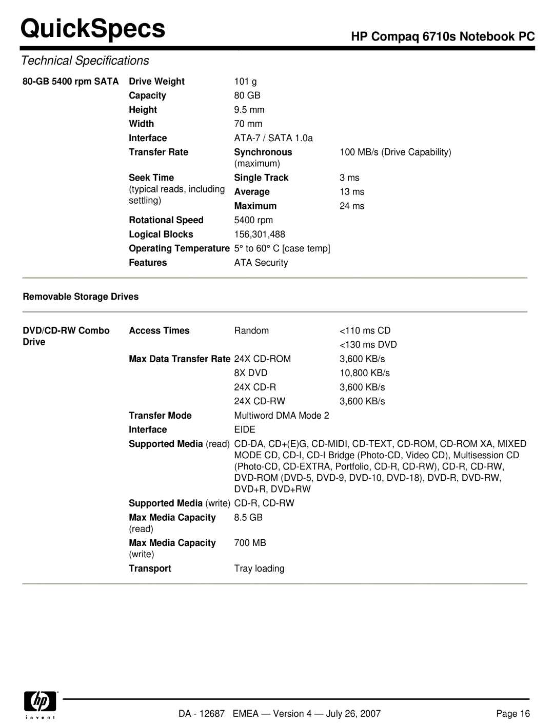 HP 6710s 80-GB 5400 rpm Sata Drive Weight, Removable Storage Drives DVD/CD-RW Combo Access Times, Transfer Mode, Transport 