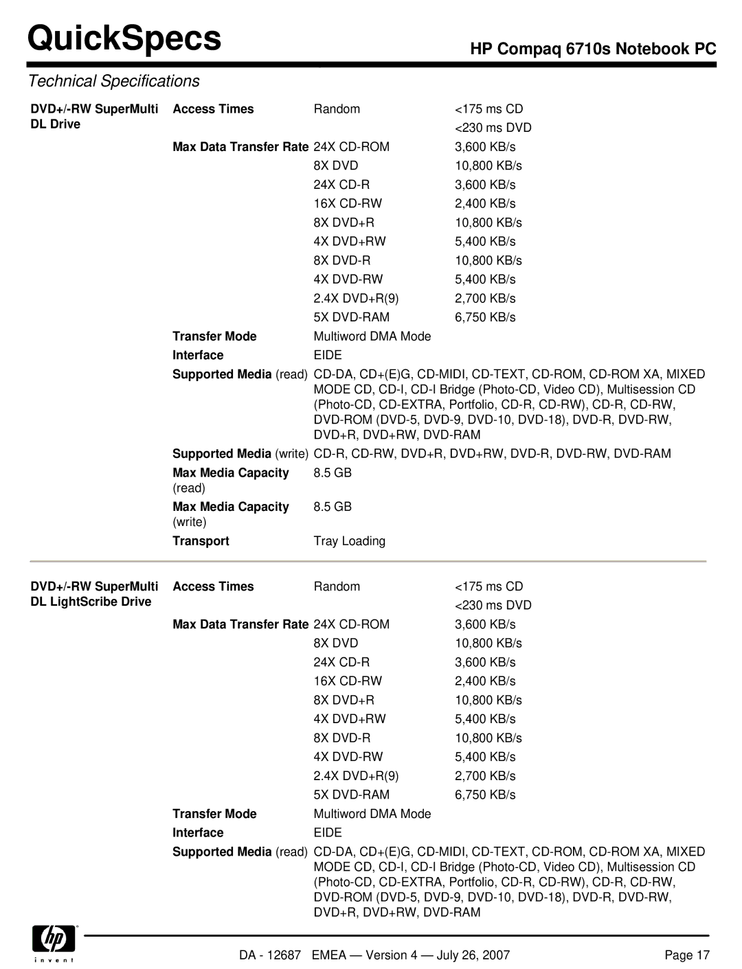 HP 6710s manual DVD+/-RW SuperMulti Access Times, DL Drive, DL LightScribe Drive 