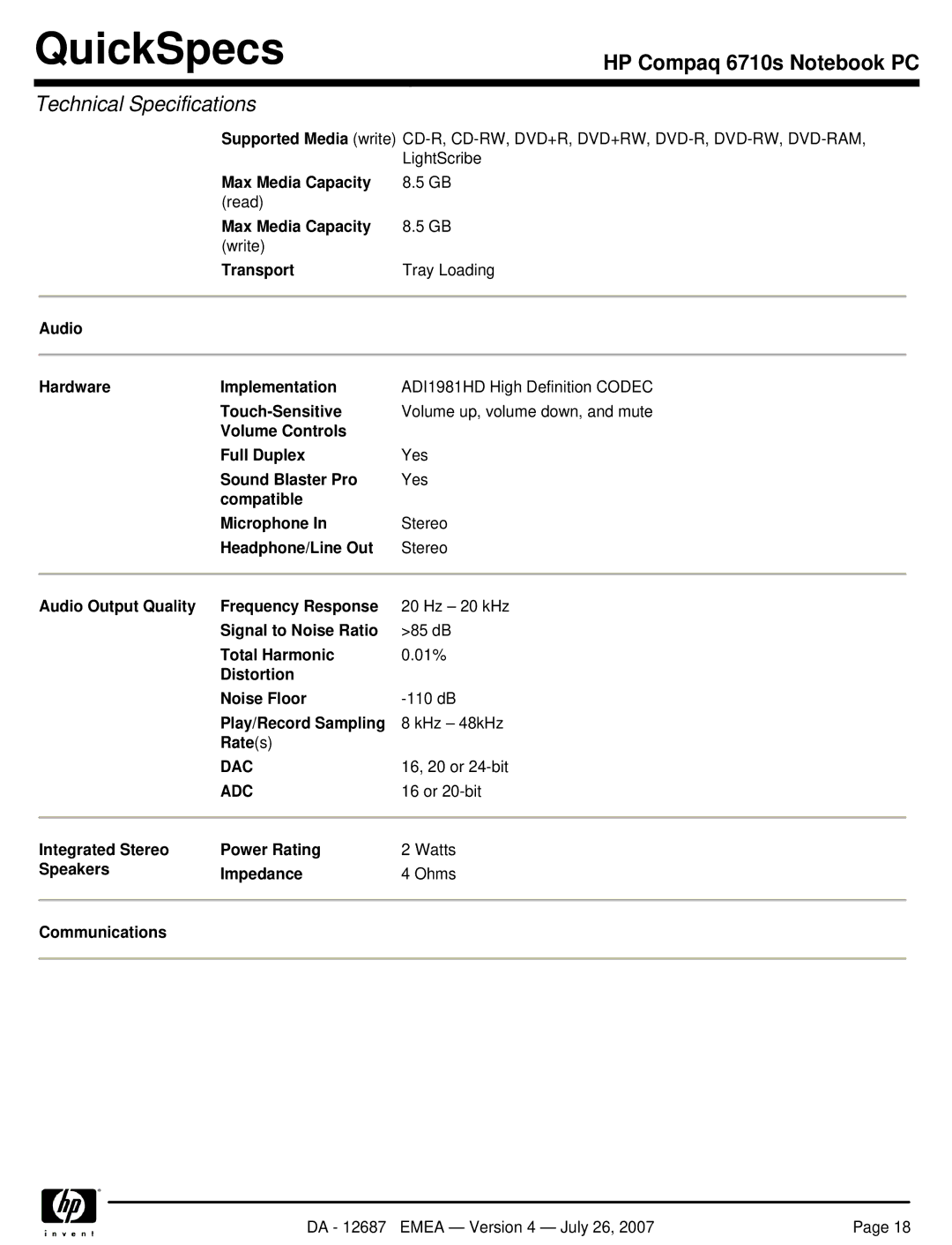 HP 6710s manual LightScribe, 16, 20 or 24-bit, Or 20-bit 