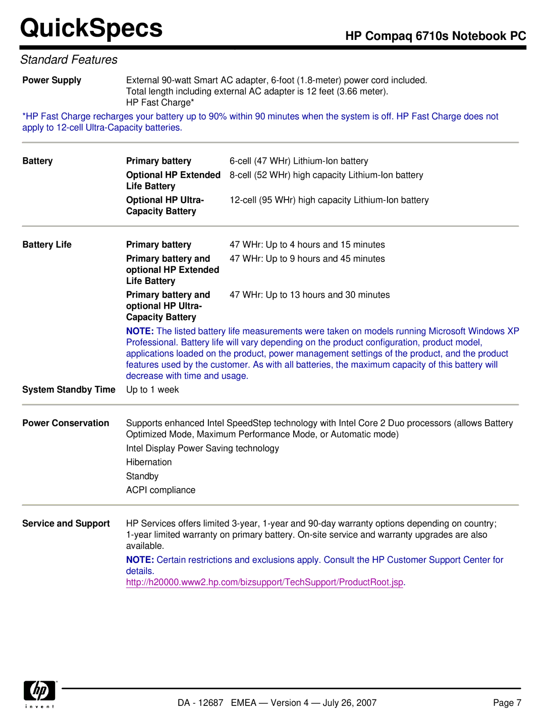 HP 6710s manual Power Supply, Battery Primary battery, Optional HP Extended, Life Battery Optional HP Ultra 