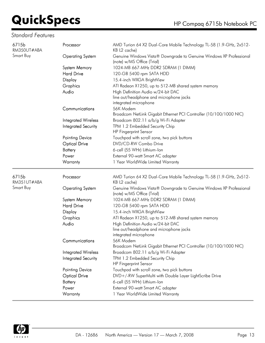 HP 6715B manual AMD Turion 64 X2 Dual-Core Mobile Technology TL-58 1.9-GHz, Inch Wxga BrightView 