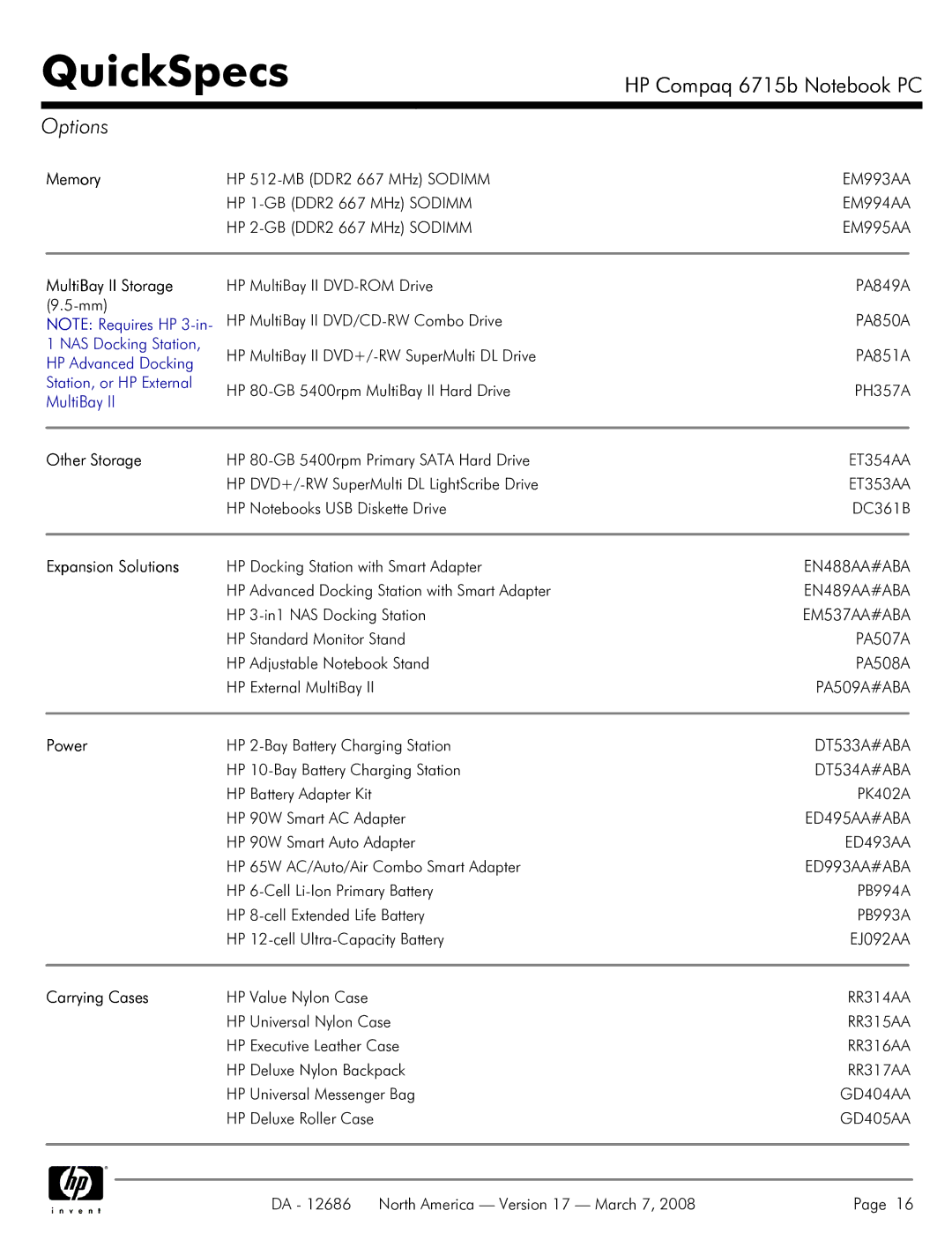 HP 6715B manual Memory, MultiBay II Storage, Other Storage, Expansion Solutions, Carrying Cases 