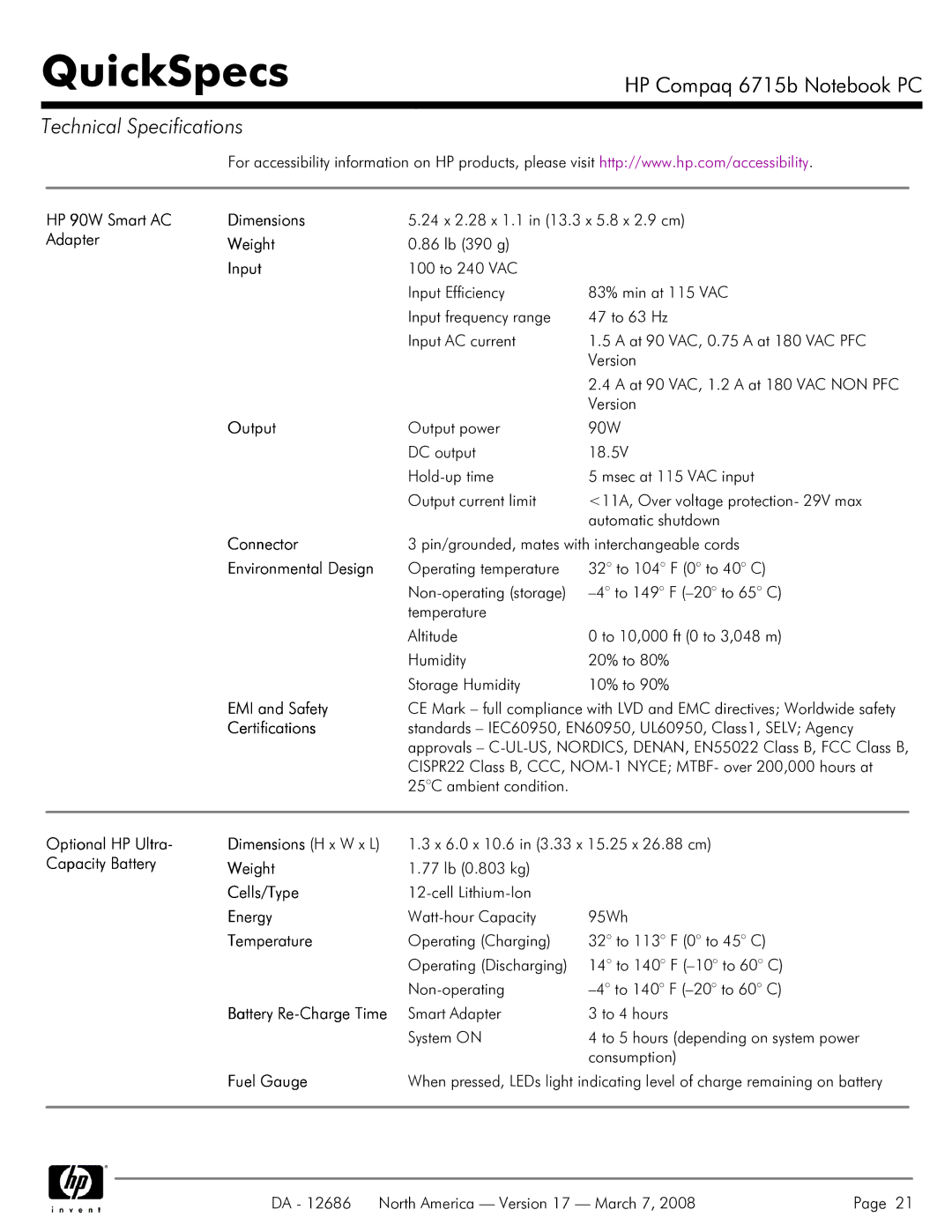 HP 6715B manual HP 90W Smart AC Dimensions, Adapter Weight, Input, Output, Connector, Environmental Design, EMI and Safety 