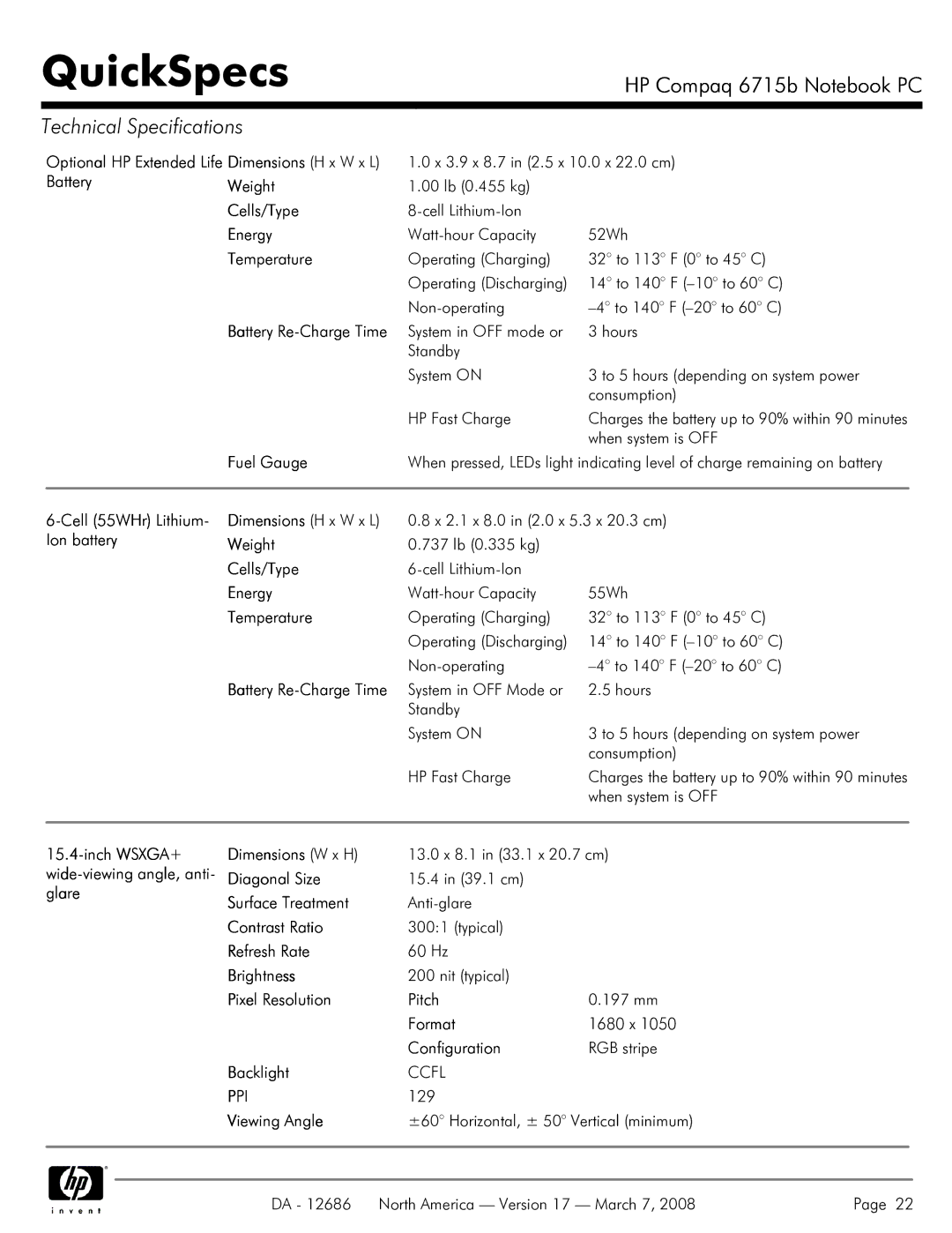 HP 6715B manual Battery Weight, Cell 55WHr Lithium- Dimensions H x W x L, Ion battery Weight, Viewing Angle 