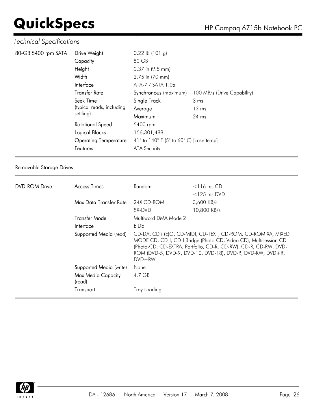 HP 6715B manual 80-GB 5400 rpm Sata Drive Weight, DVD-ROM Drive Access Times, Transfer Mode, Max Media Capacity, Transport 