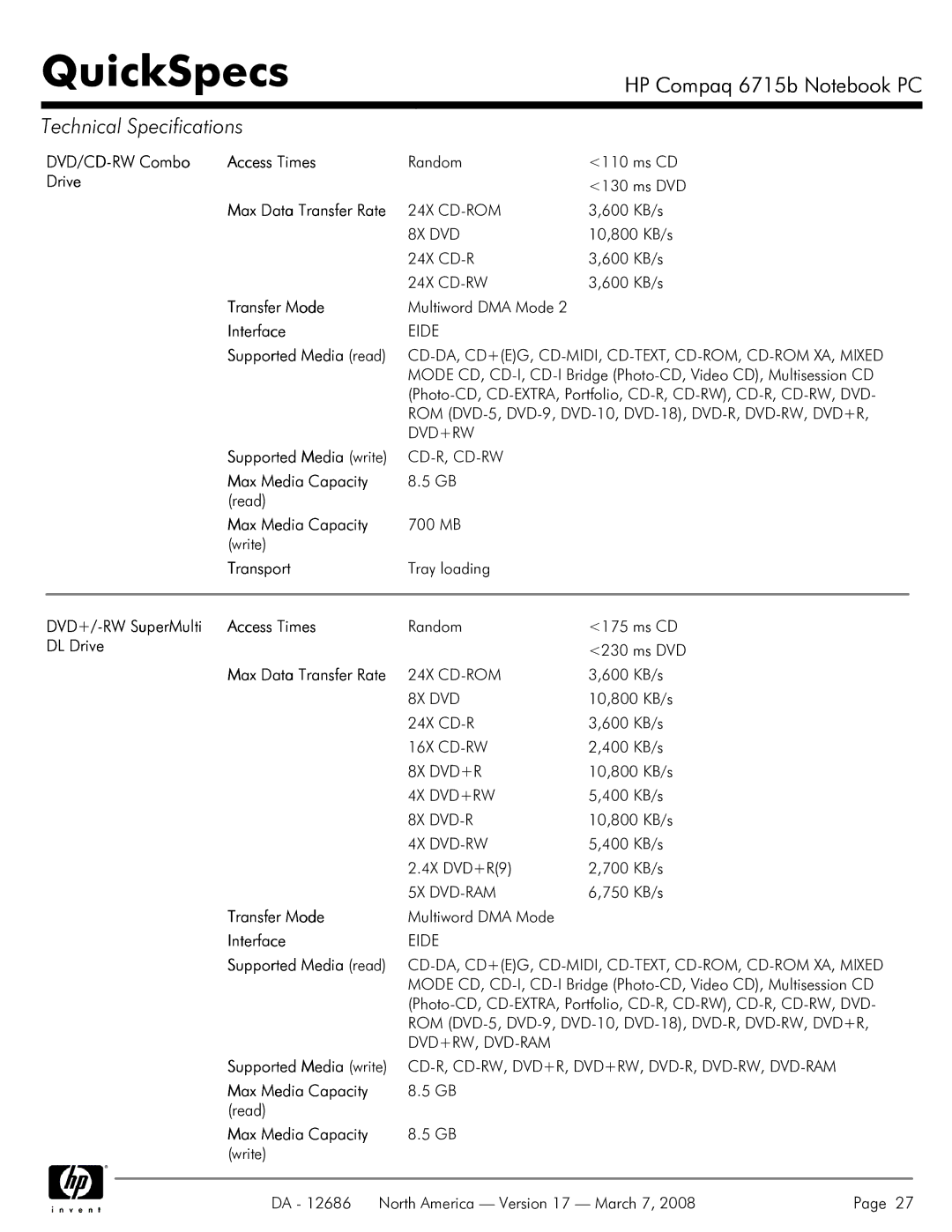 HP 6715B manual DVD/CD-RW Combo Access Times, Drive, Max Data Transfer Rate, Supported Media read, Supported Media write 