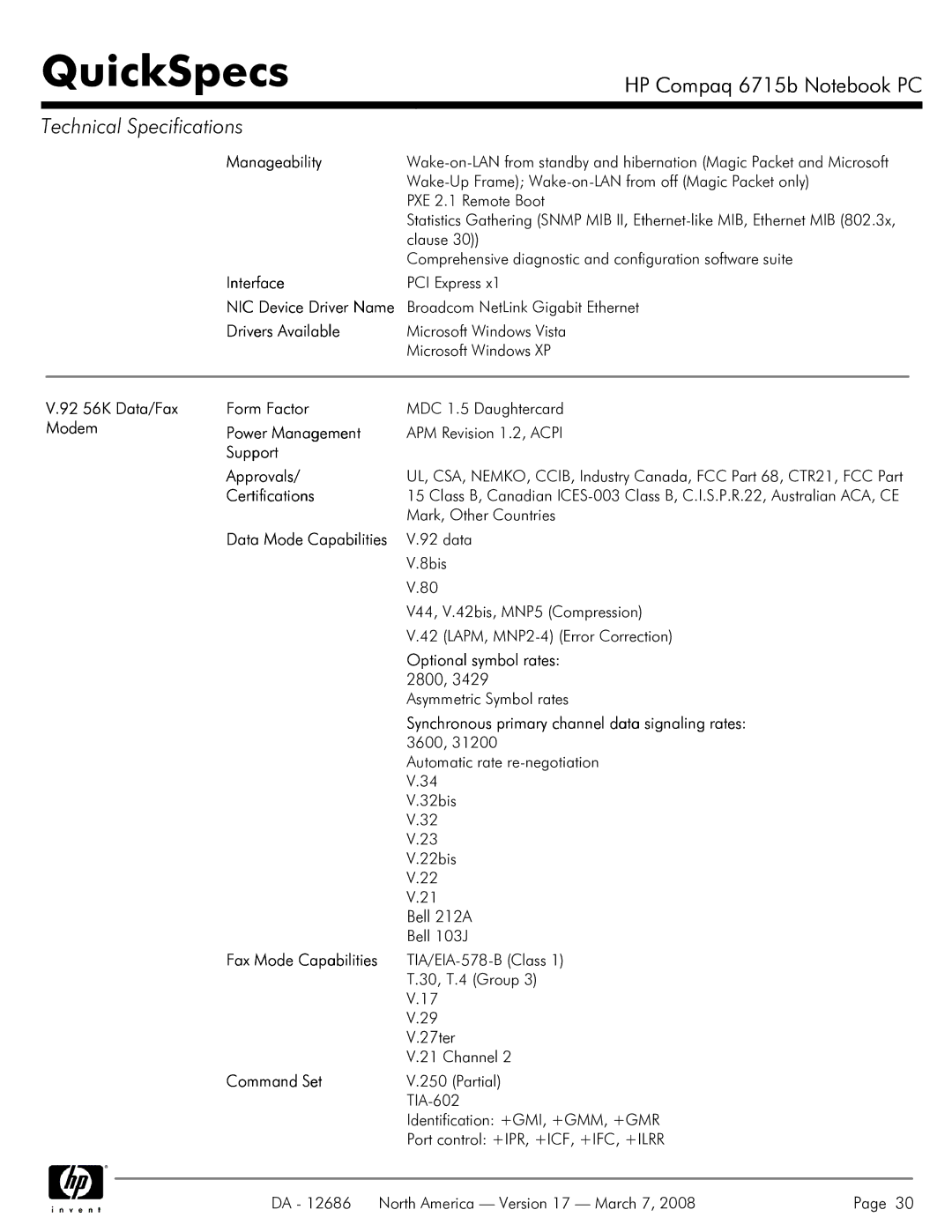 HP 6715B manual Manageability, Drivers Available, 92 56K Data/Fax Form Factor, Modem Power Management, Support Approvals 