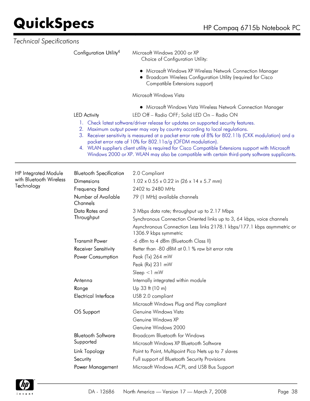 HP 6715B manual Bluetooth Specification, Number of Available, Channels Data Rates, Throughput, Transmit Power, Antenna 