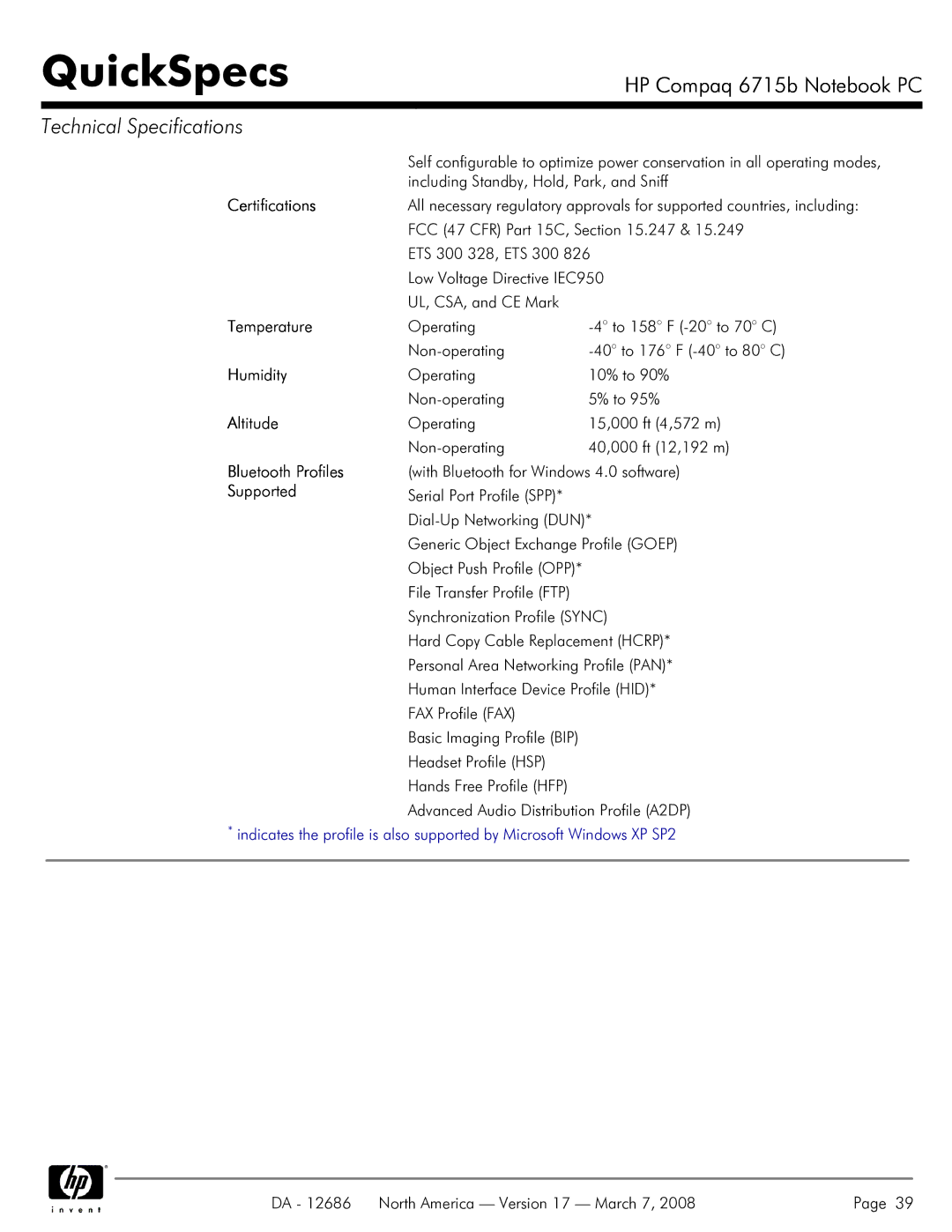 HP 6715B manual Bluetooth Profiles 