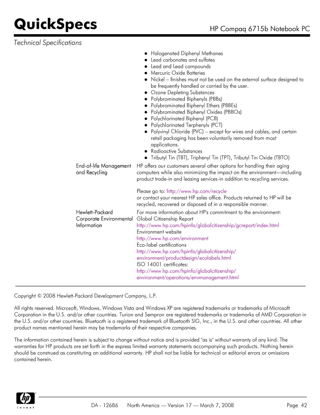 HP 6715B manual Recycling, Hewlett-Packard 