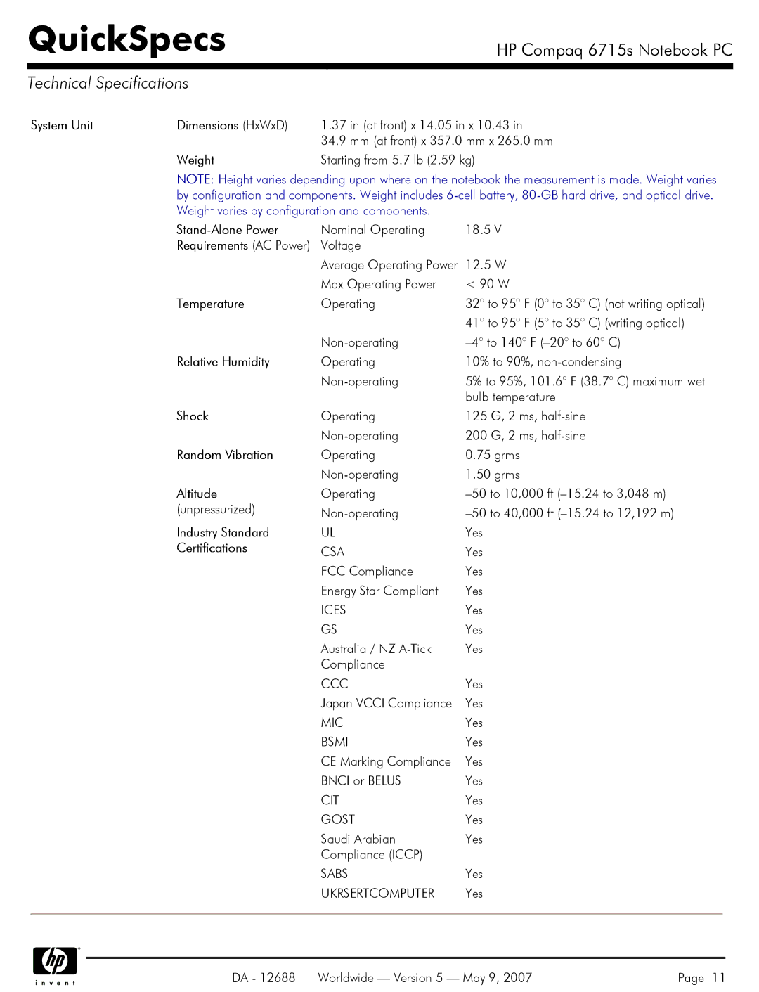 HP 6715s manual Technical Specifications 