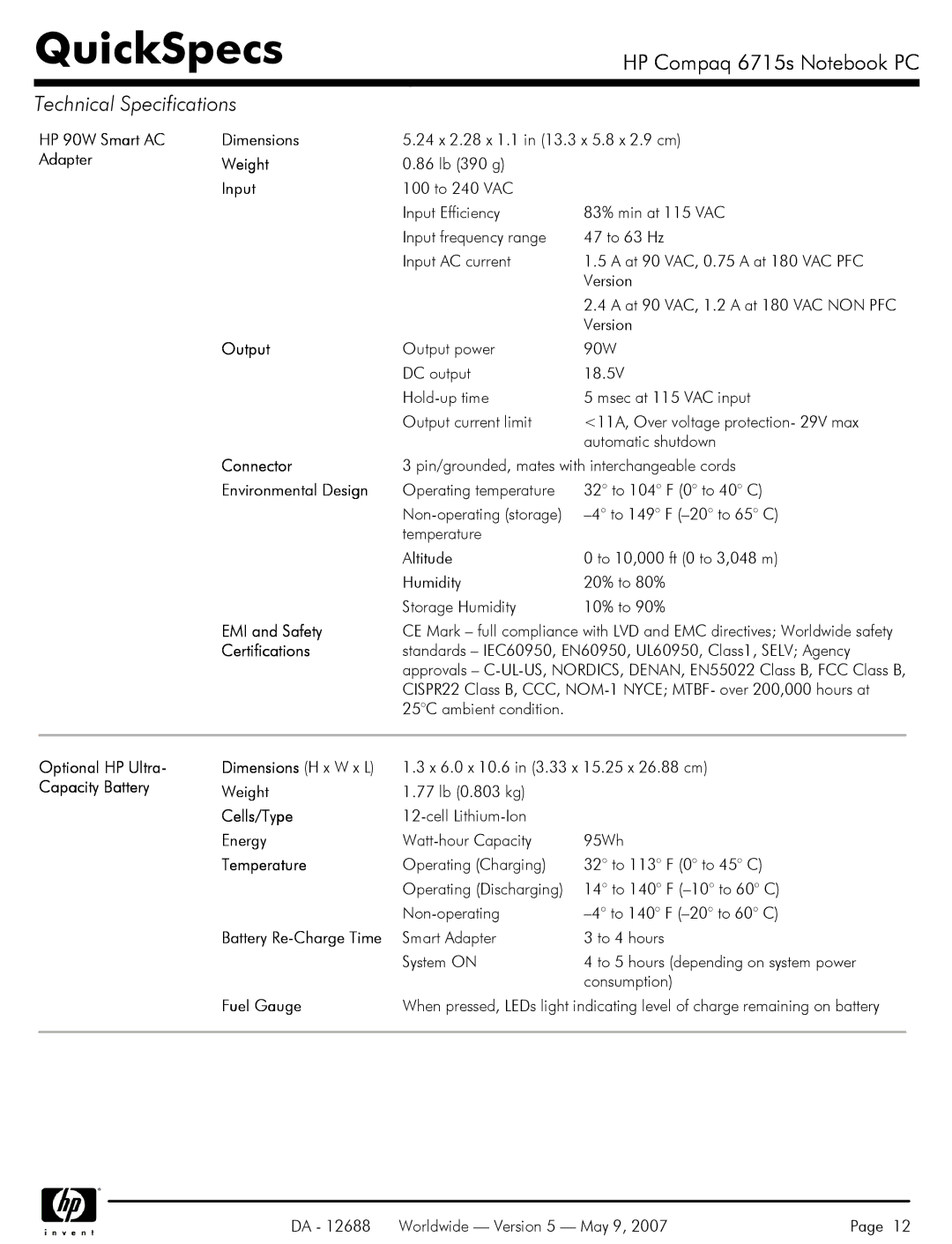 HP 6715s manual HP 90W Smart AC Dimensions, Adapter Weight, Input, Output, Connector, Environmental Design, EMI and Safety 