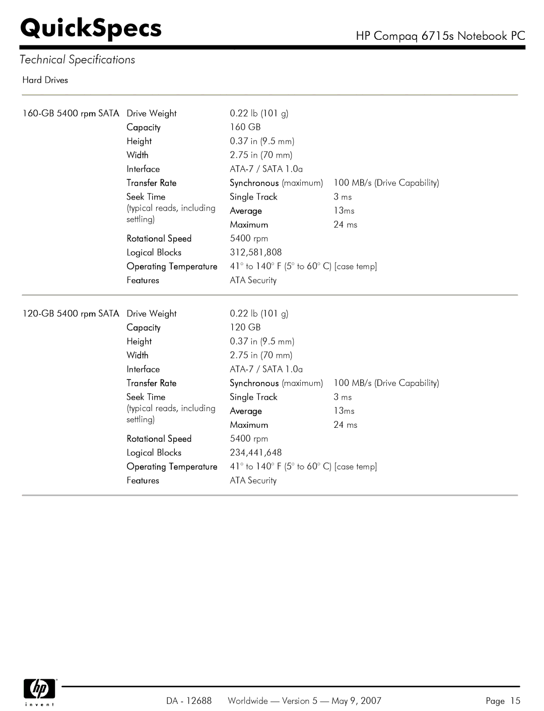 HP 6715s manual Hard Drives 160-GB 5400 rpm Sata Drive Weight, Capacity, Height, Width, Interface, Transfer Rate, Average 