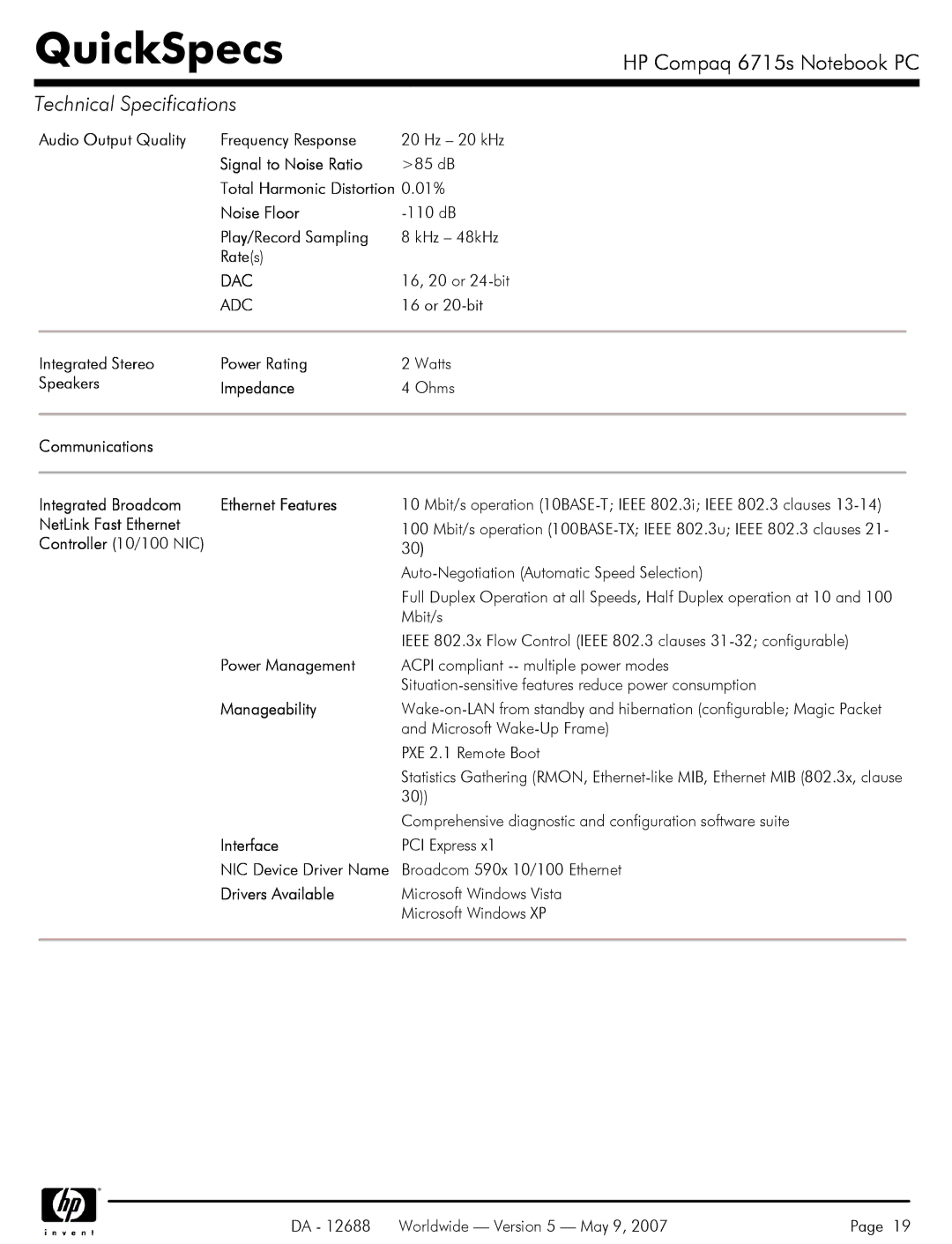 HP 6715s Audio Output Quality Frequency Response, Signal to Noise Ratio, Total Harmonic Distortion 0.01%, Noise Floor 