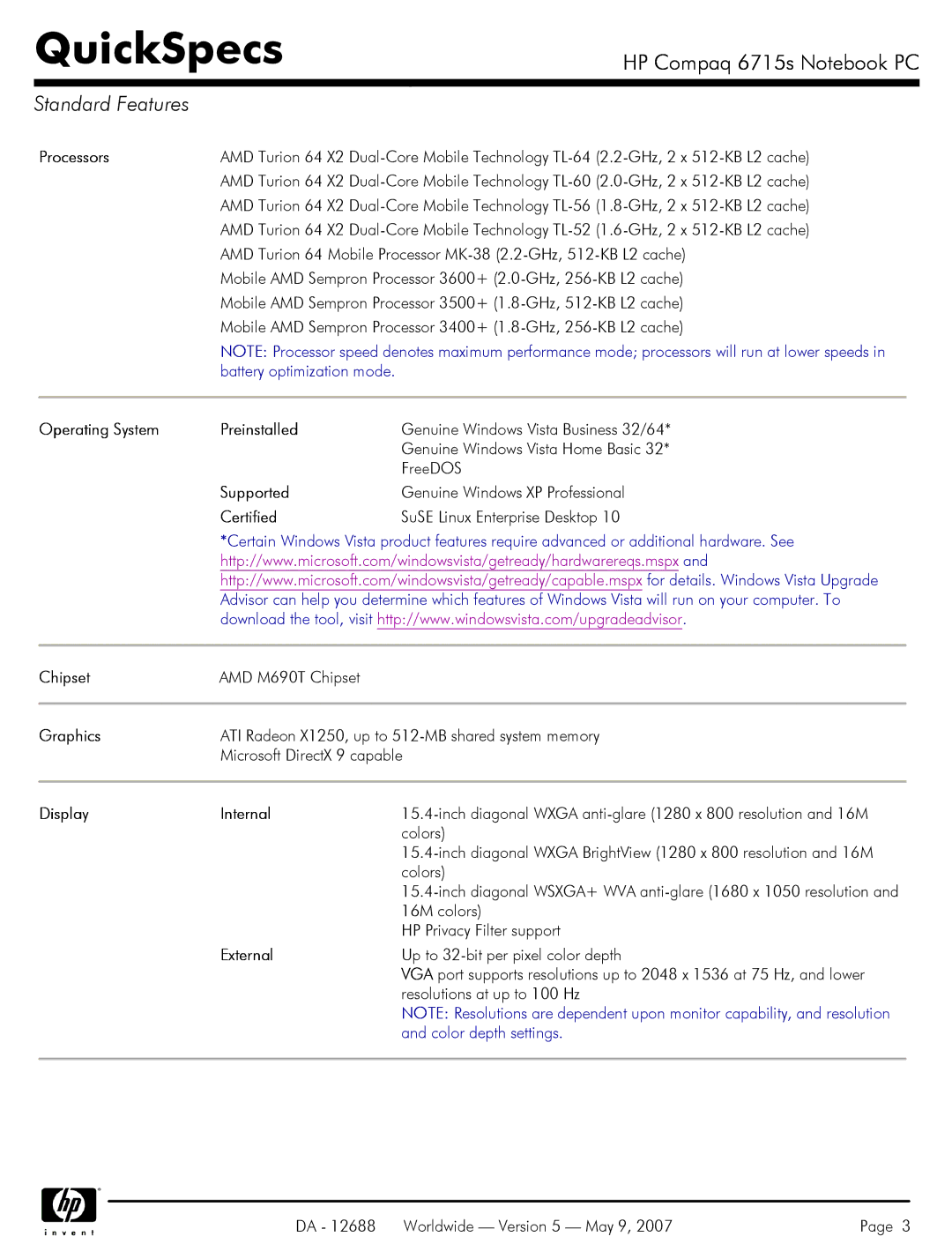 HP 6715s manual Standard Features 