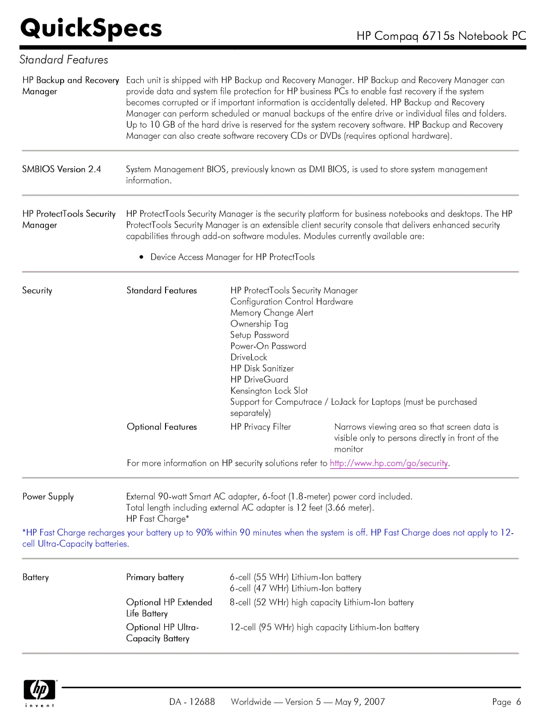 HP 6715s Manager, Security Standard Features, Optional Features, Power Supply, Battery Primary battery, Capacity Battery 