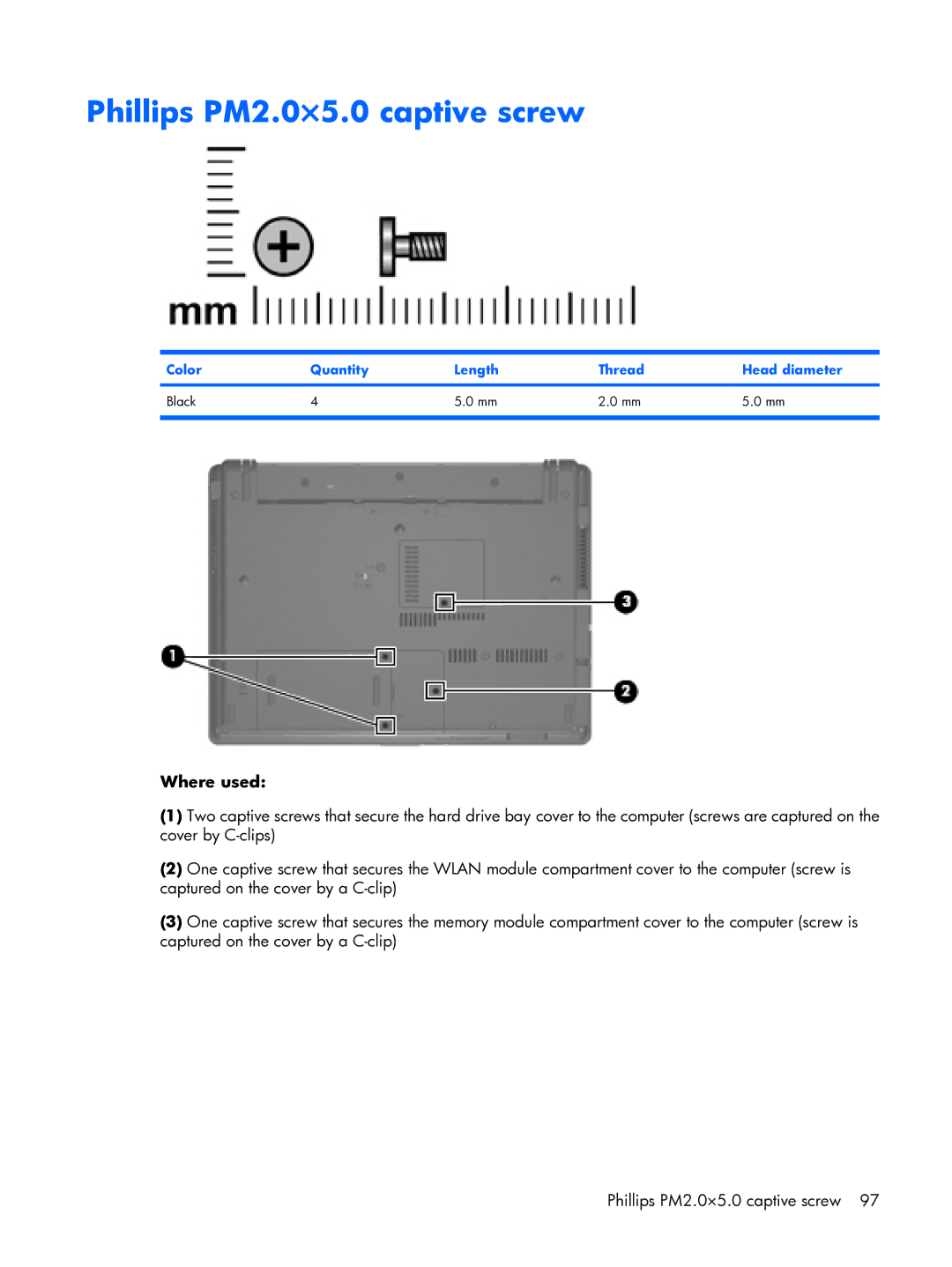 HP 6720R manual Phillips PM2.0×5.0 captive screw, Color Quantity Length Thread Head diameter Black 