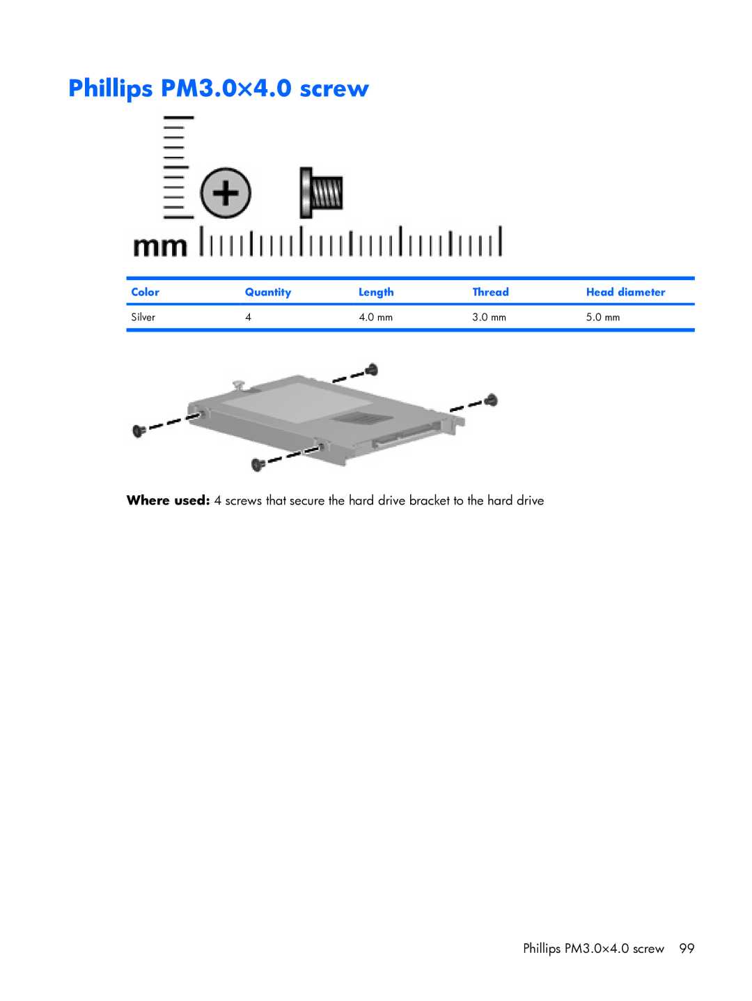 HP 6720R manual Phillips PM3.0×4.0 screw, Color Quantity Length Thread Head diameter Silver 