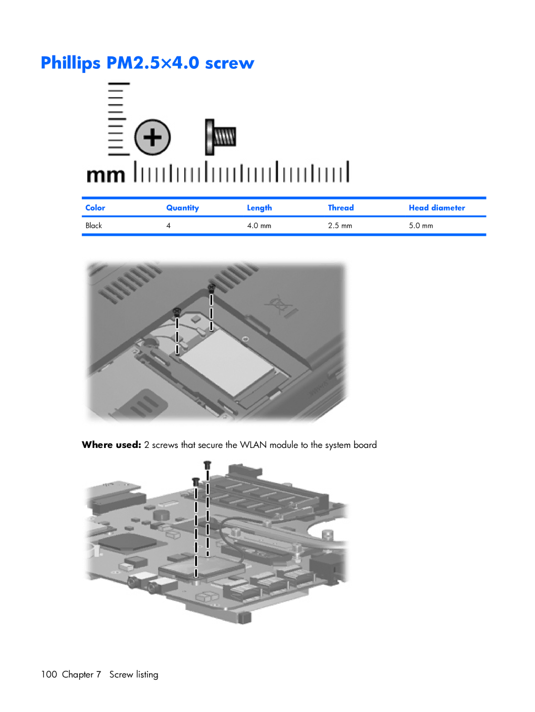 HP 6720R manual Phillips PM2.5×4.0 screw, Color Quantity Length Thread Head diameter Black 