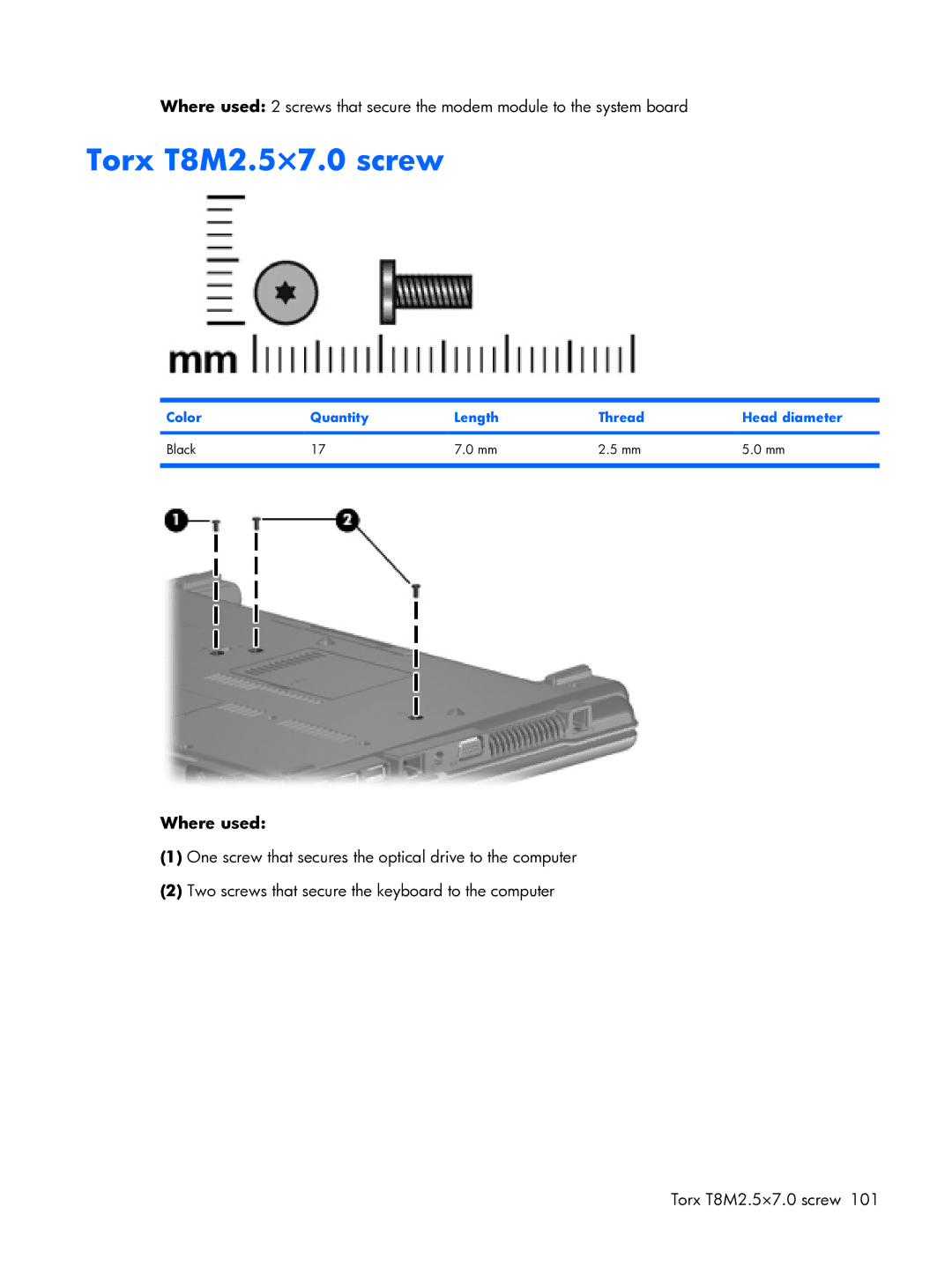 HP 6720R manual Torx T8M2.5×7.0 screw 