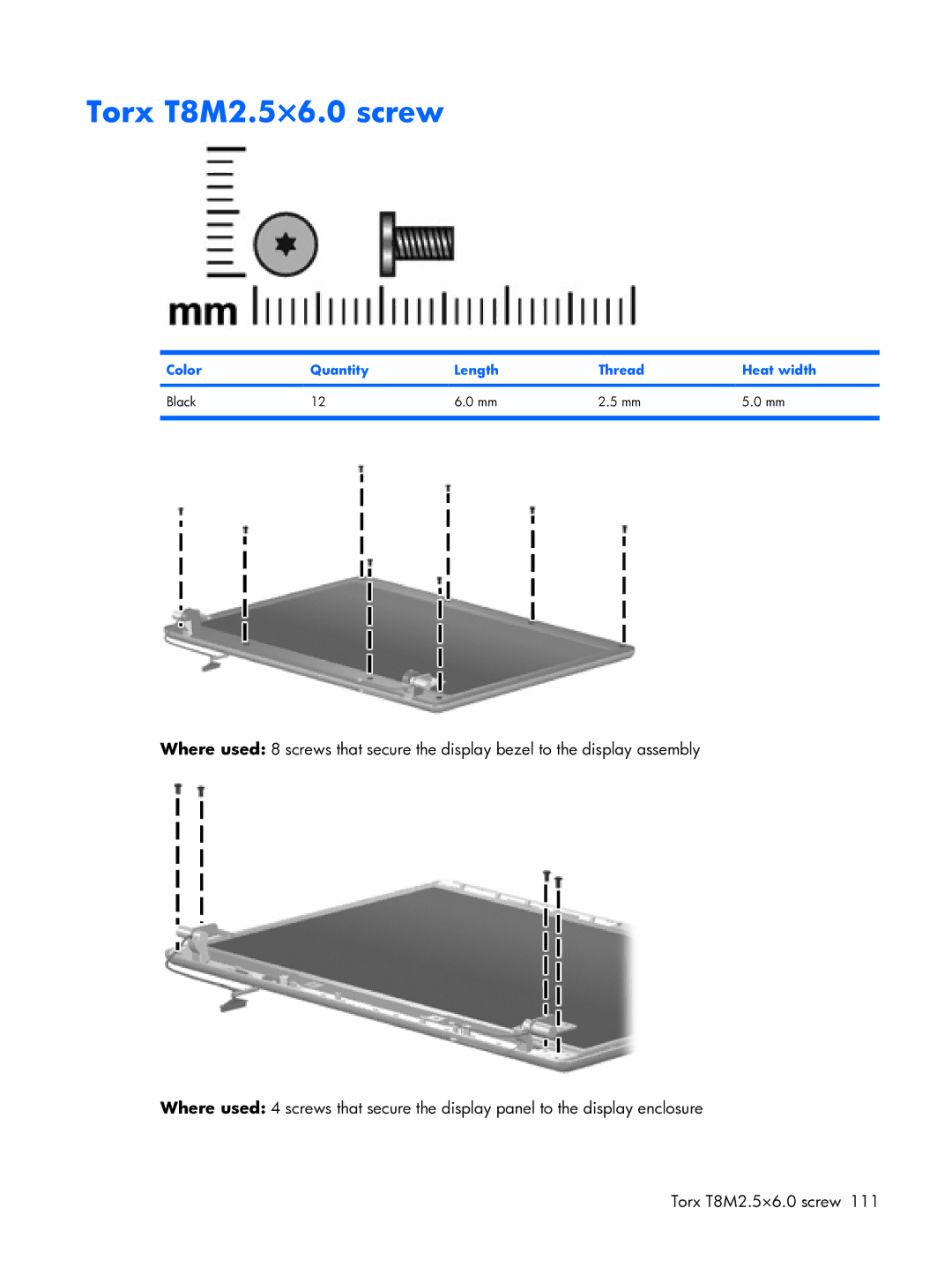HP 6720R manual Torx T8M2.5×6.0 screw, Color Quantity Length Thread Heat width Black 