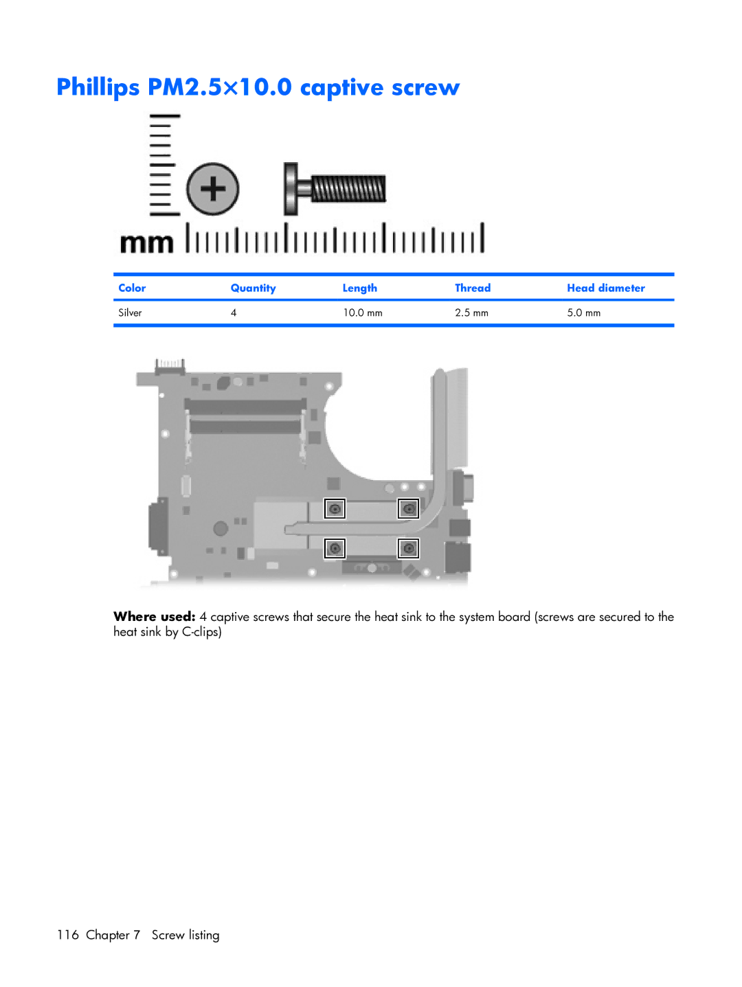 HP 6720R manual Phillips PM2.5×10.0 captive screw, Color Quantity Length Thread Head diameter Silver 10.0 mm 