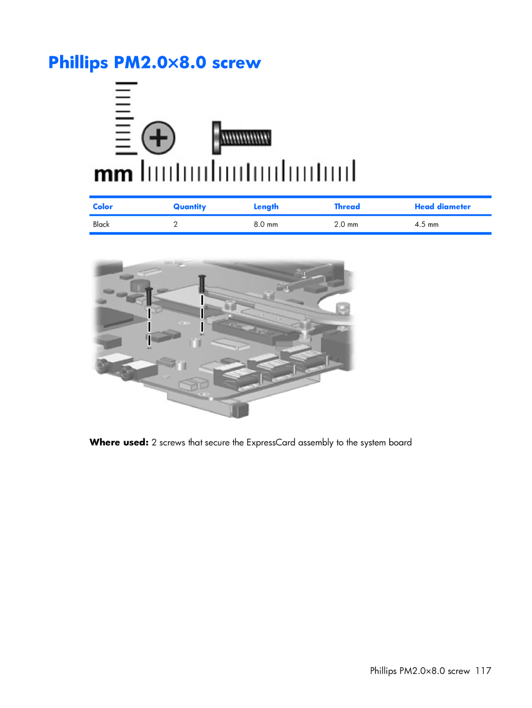 HP 6720R manual Phillips PM2.0×8.0 screw, Color Quantity Length Thread Head diameter Black 