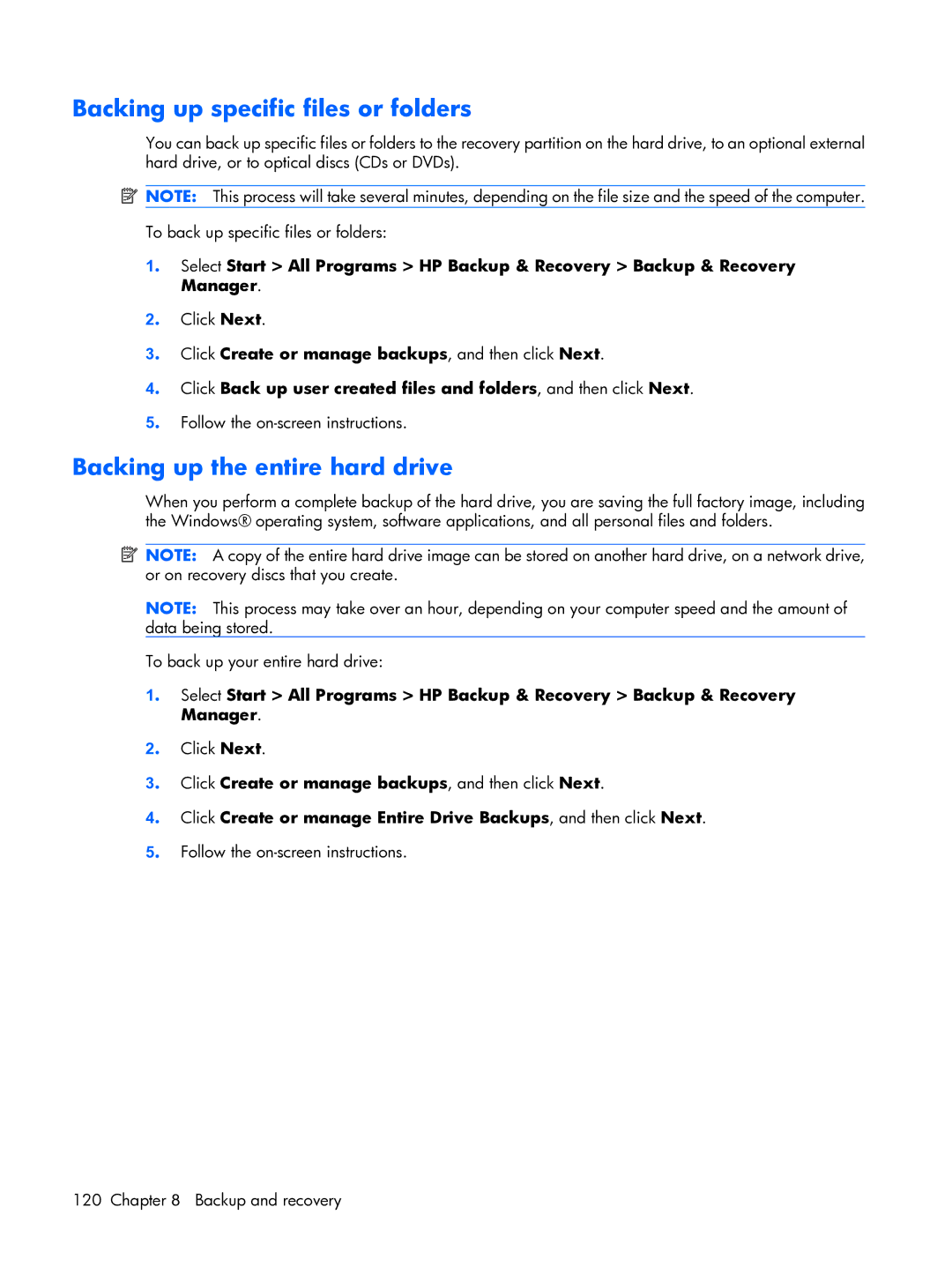 HP 6720R manual Backing up specific files or folders, Backing up the entire hard drive 