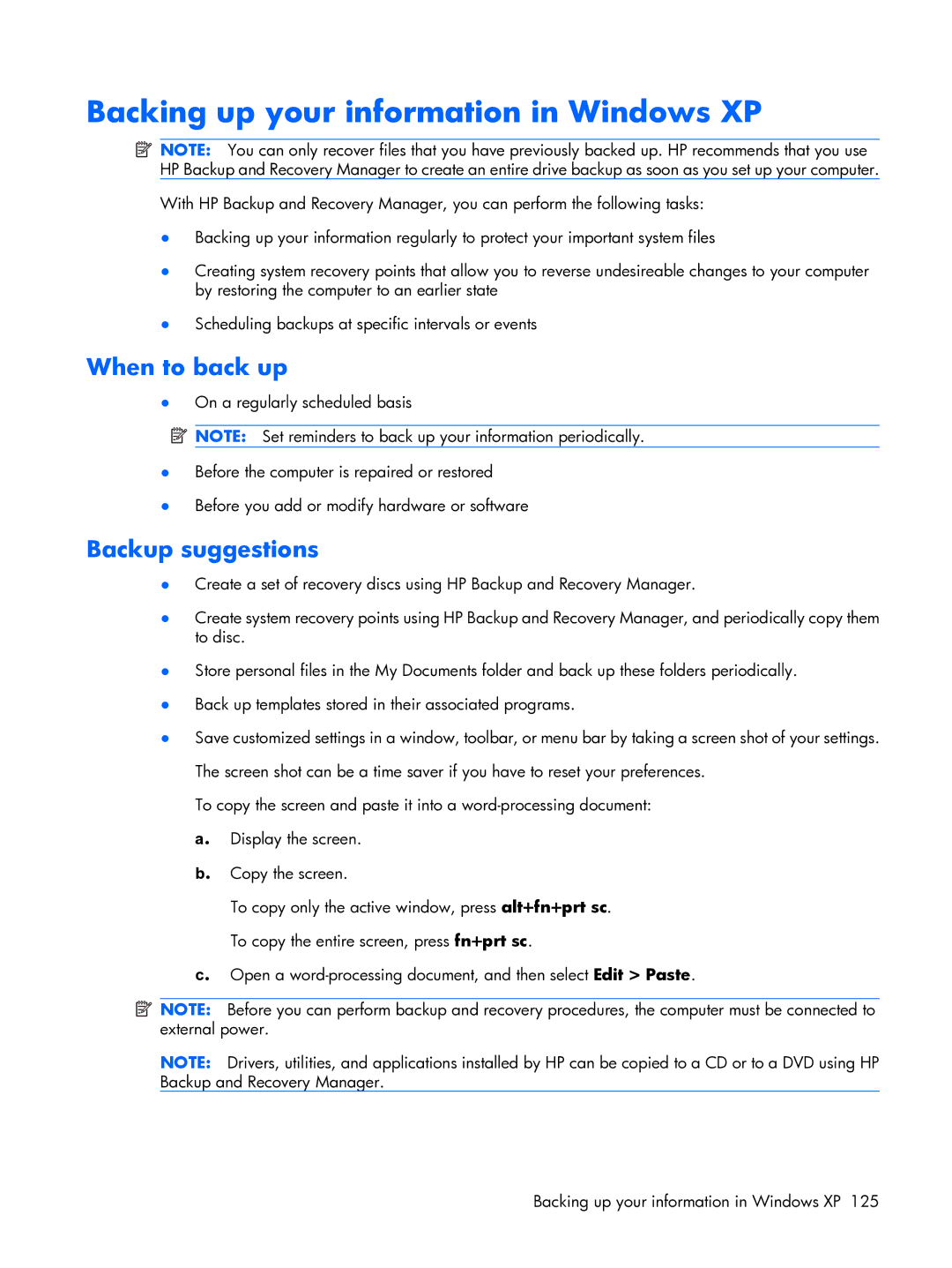 HP 6720R manual Backing up your information in Windows XP, When to back up 