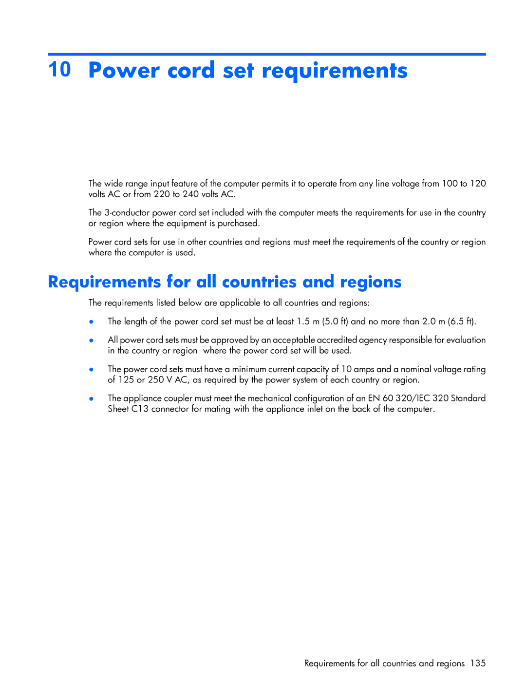 HP 6720R manual Power cord set requirements, Requirements for all countries and regions 