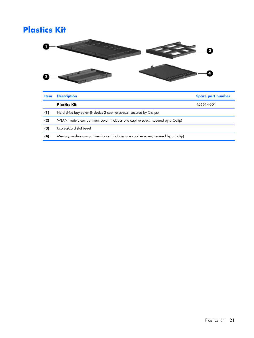 HP 6720R manual Item Description Spare part number Plastics Kit 456614-001 