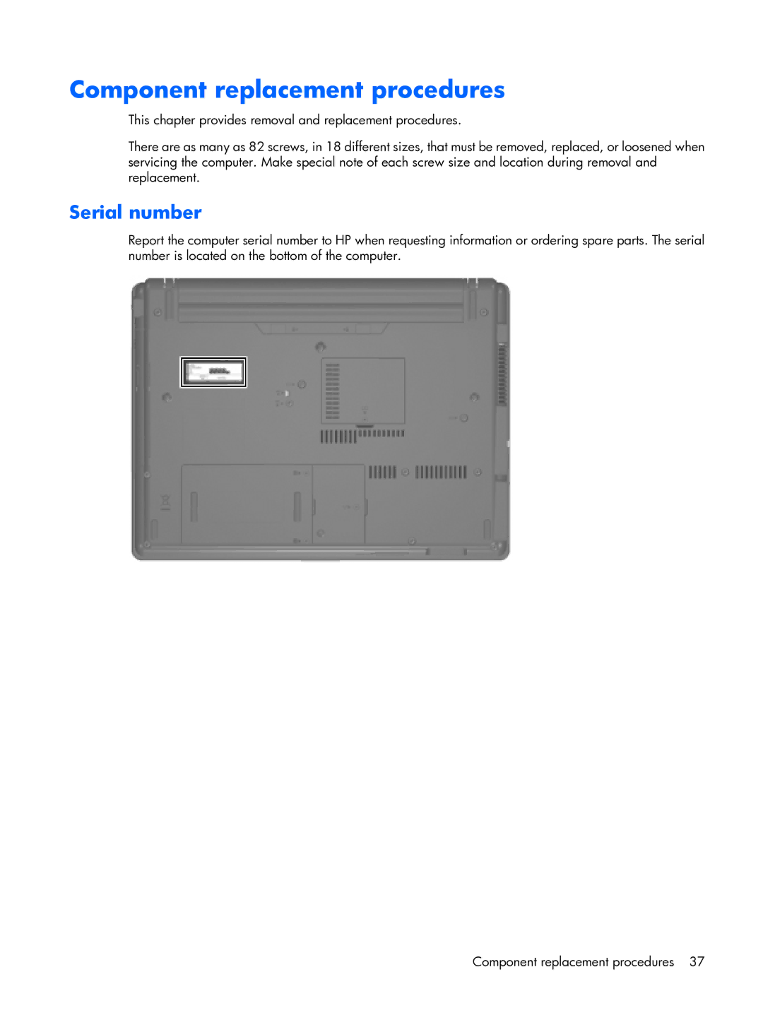 HP 6720R manual Component replacement procedures, Serial number 